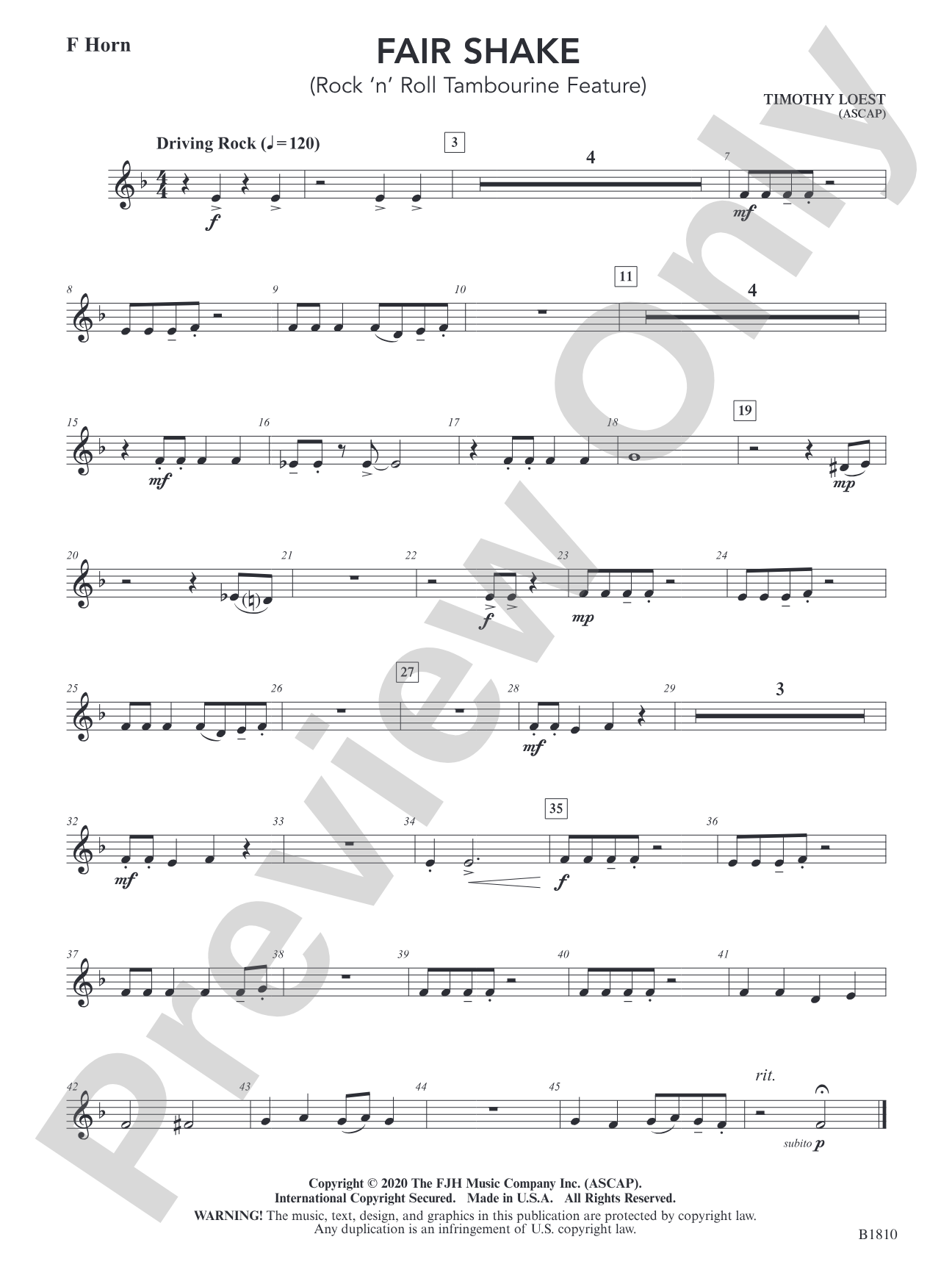 Fair Shake (Rock 'n' Roll Tambourine Feature): F Horn