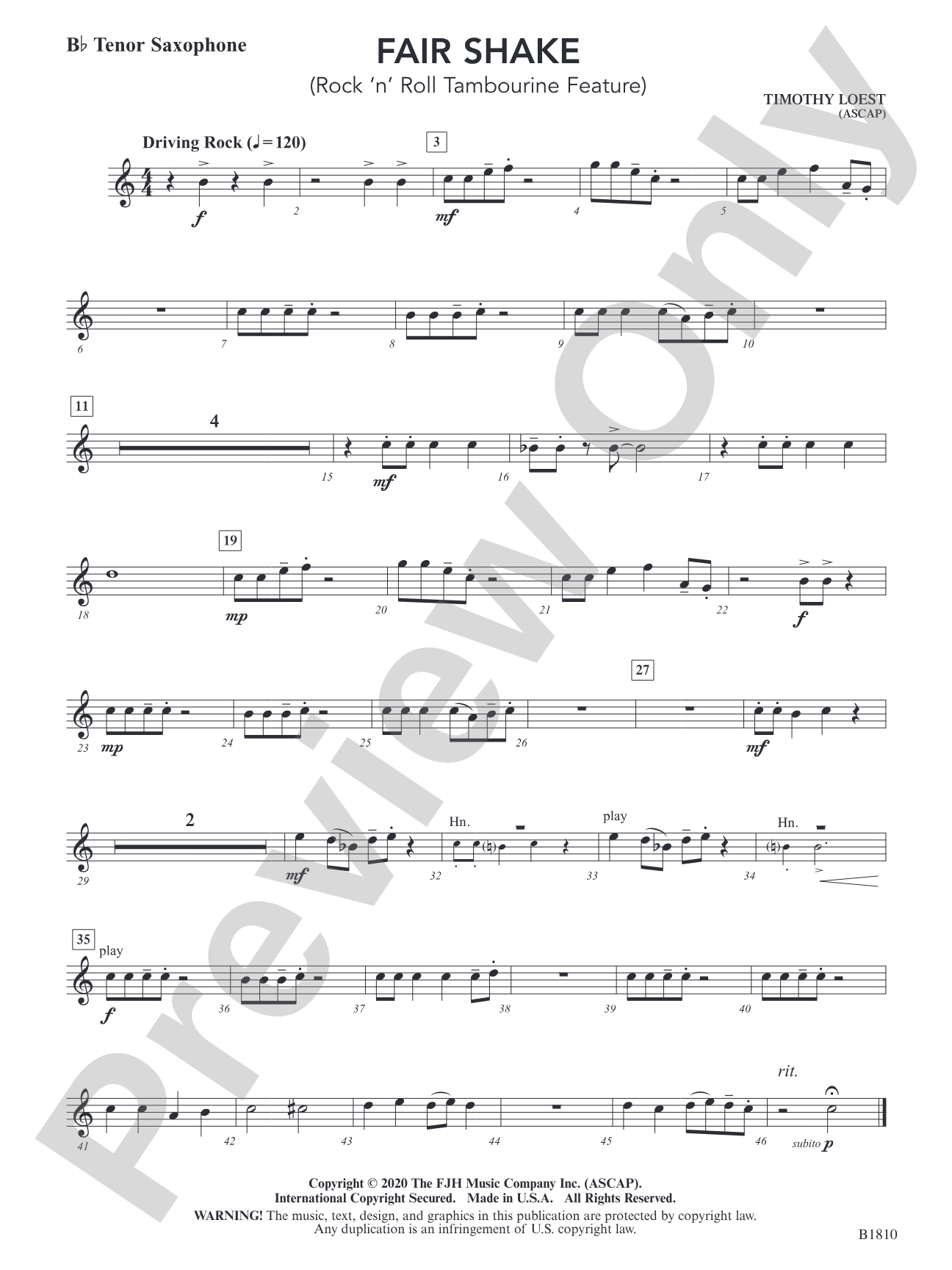 Fair Shake (Rock 'n' Roll Tambourine Feature): B-flat Tenor Saxophone