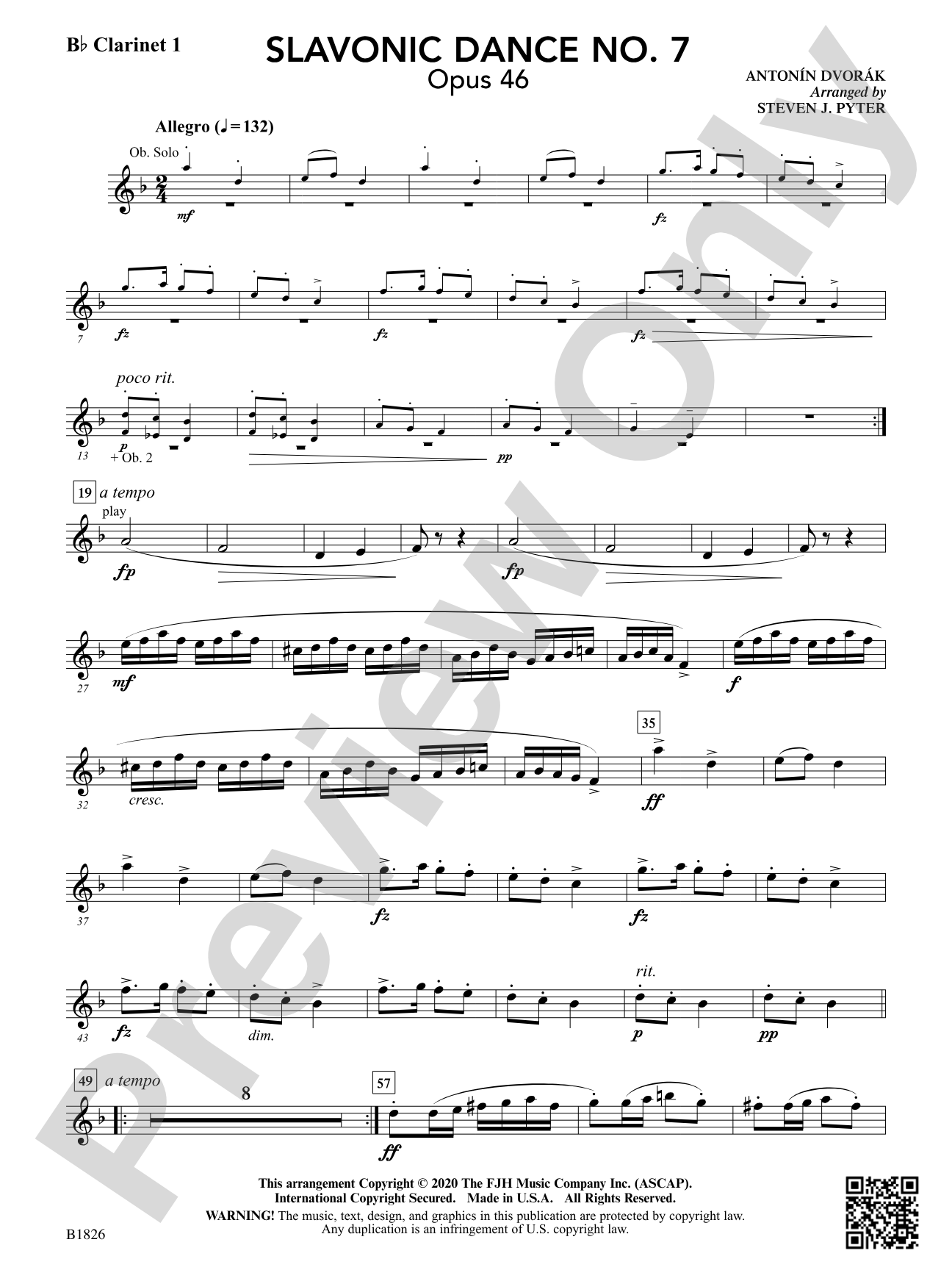 Slavonic Dance No. 7 (Opus 46): B-flat Clarinet 1