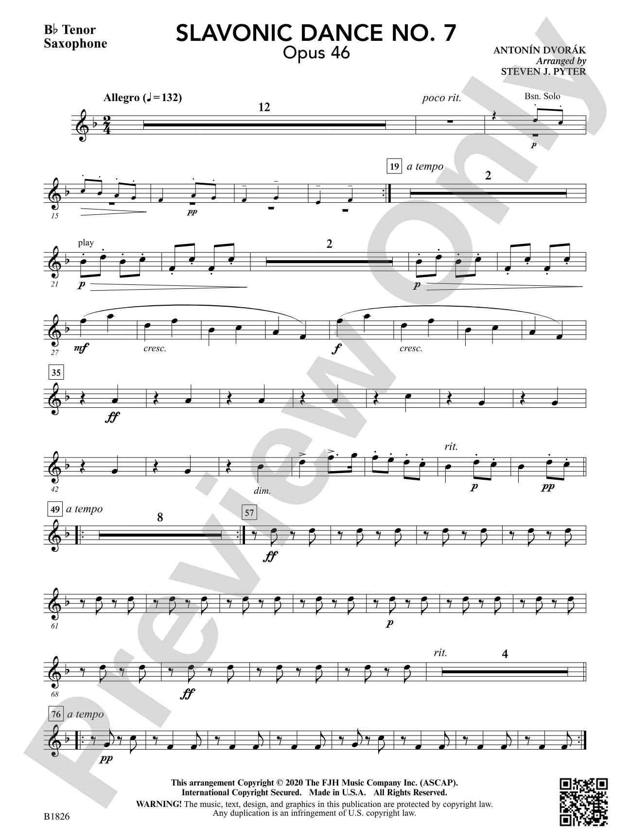 Slavonic Dance No. 7 (Opus 46): B-flat Tenor Saxophone