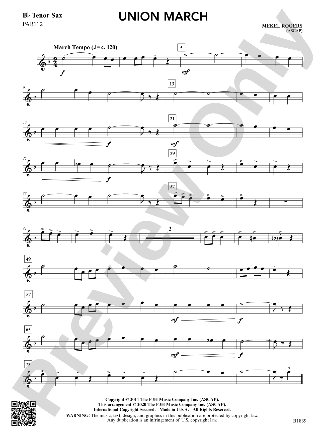 Union March: Part 2 - B-flat Tenor Saxophone