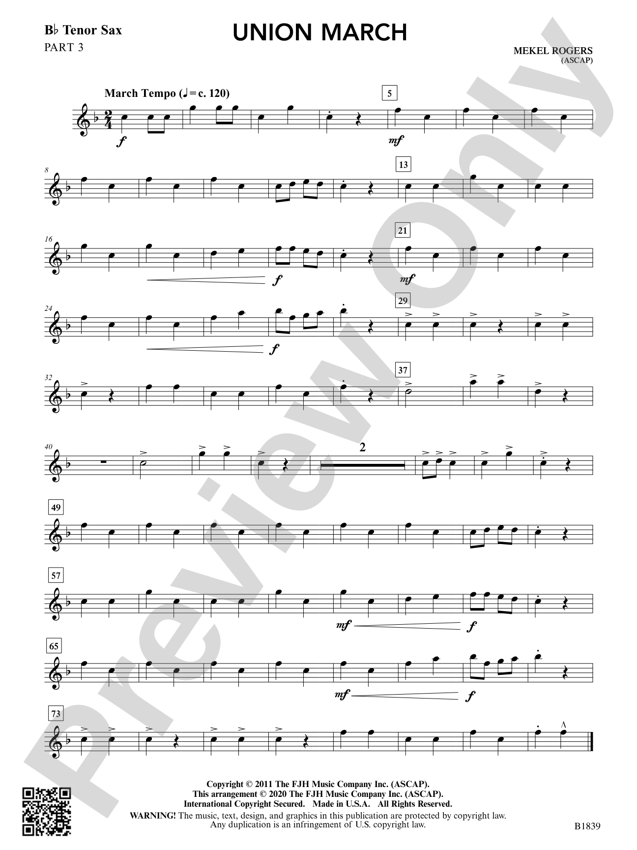 Union March: Part 3 - B-flat Tenor Saxophone