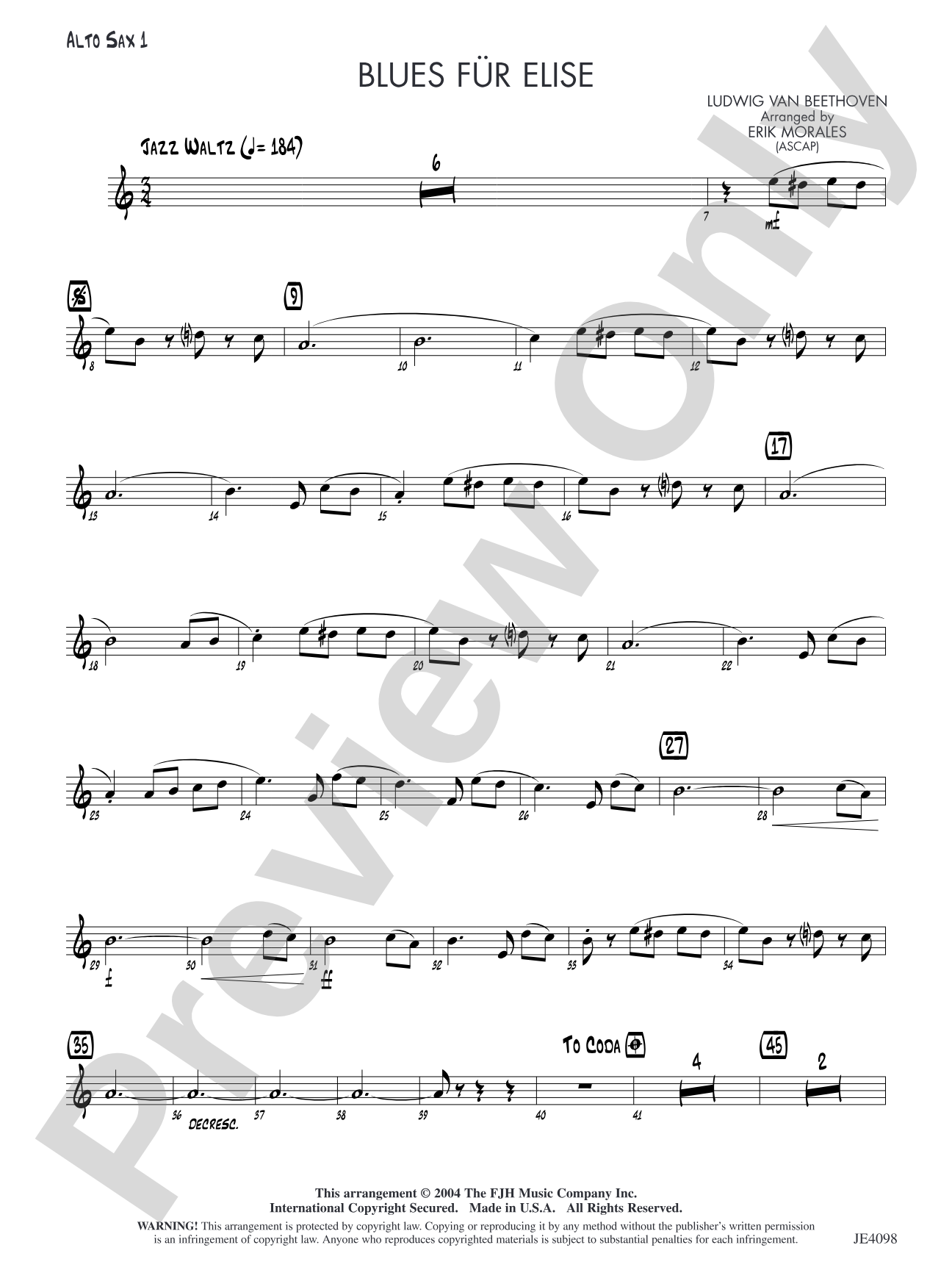 Blues für Elise: Alto Sax 1