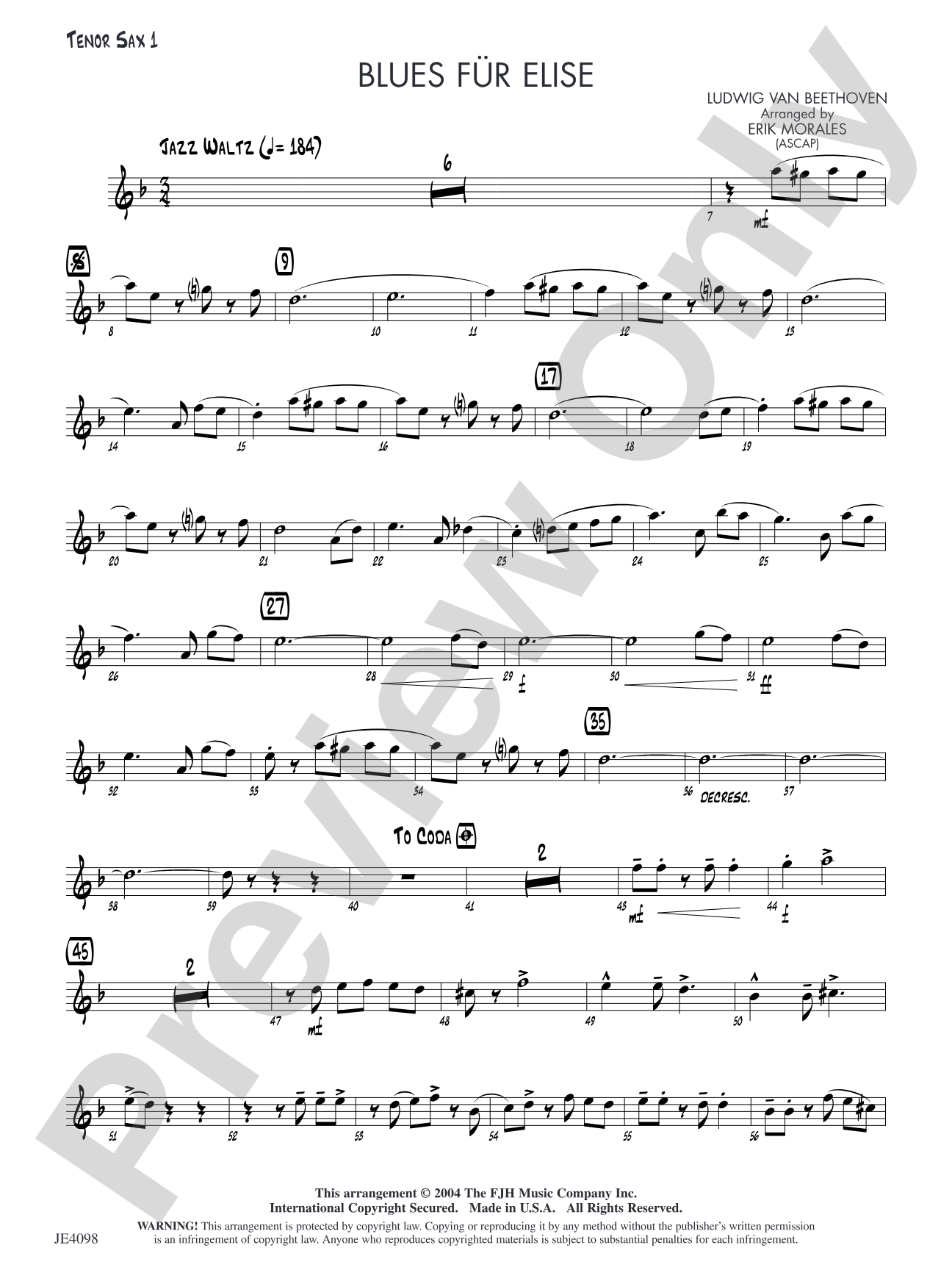 Blues für Elise: Tenor Sax 1