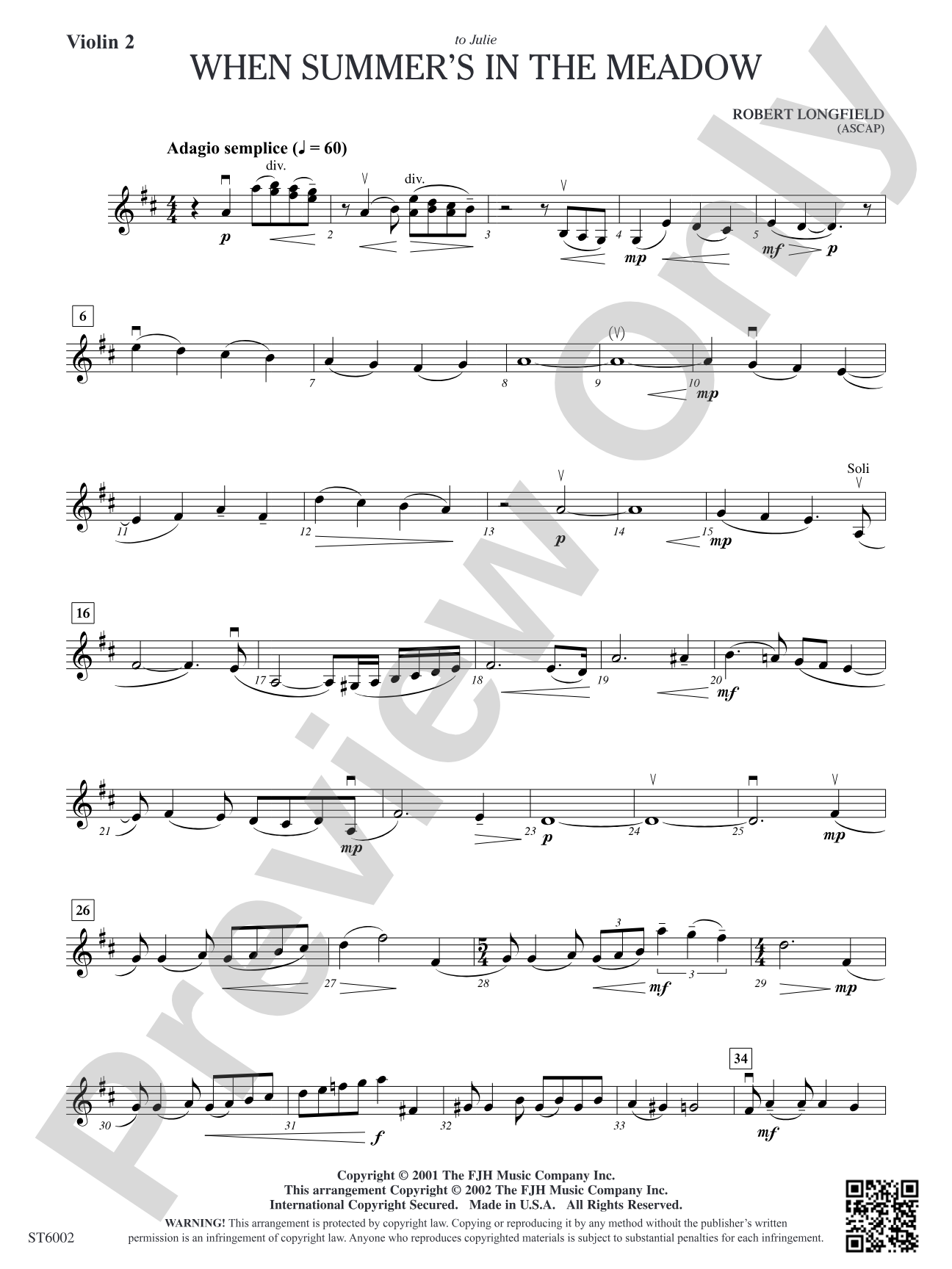 When Summer's in the Meadow: Violin 2