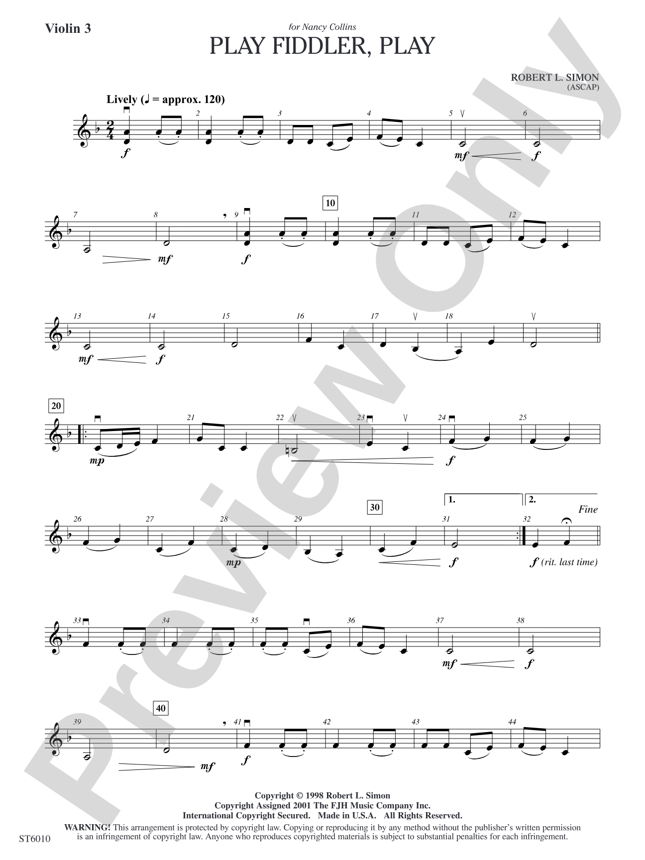 Play Fiddler, Play: Optional Violin 3