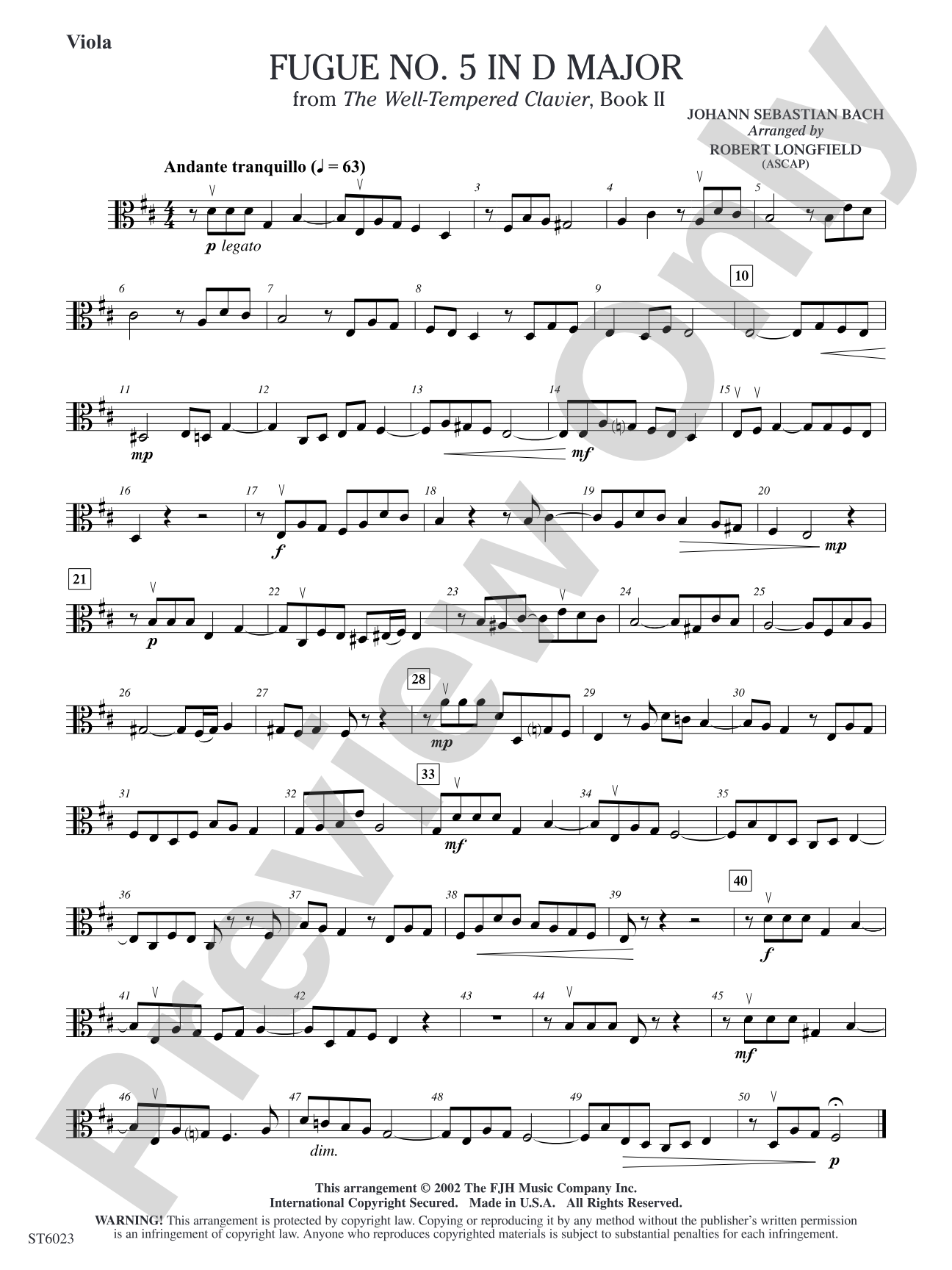Fugue No. 5 in D Major: Viola