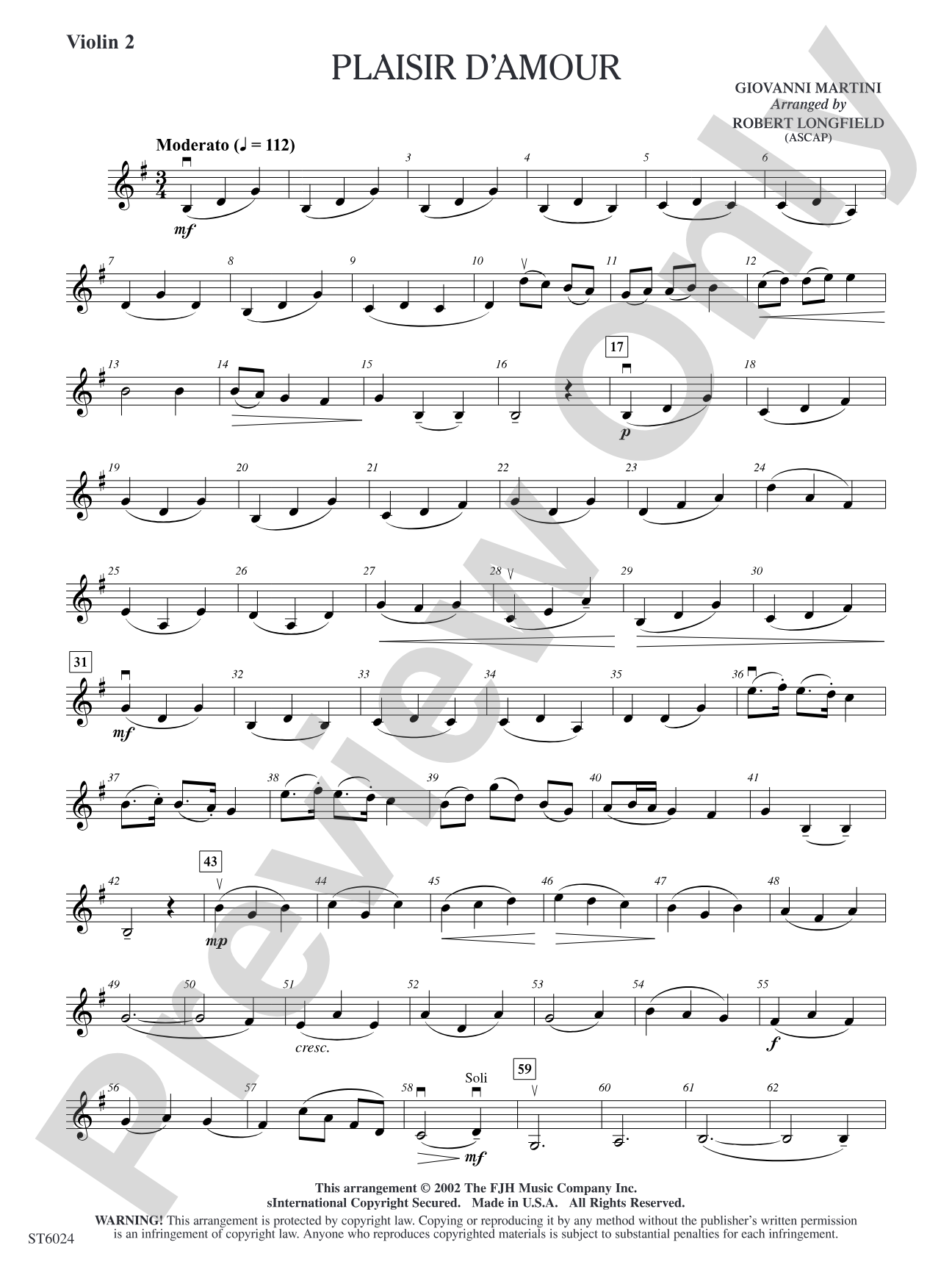Plaisir d'amour: Violin 2