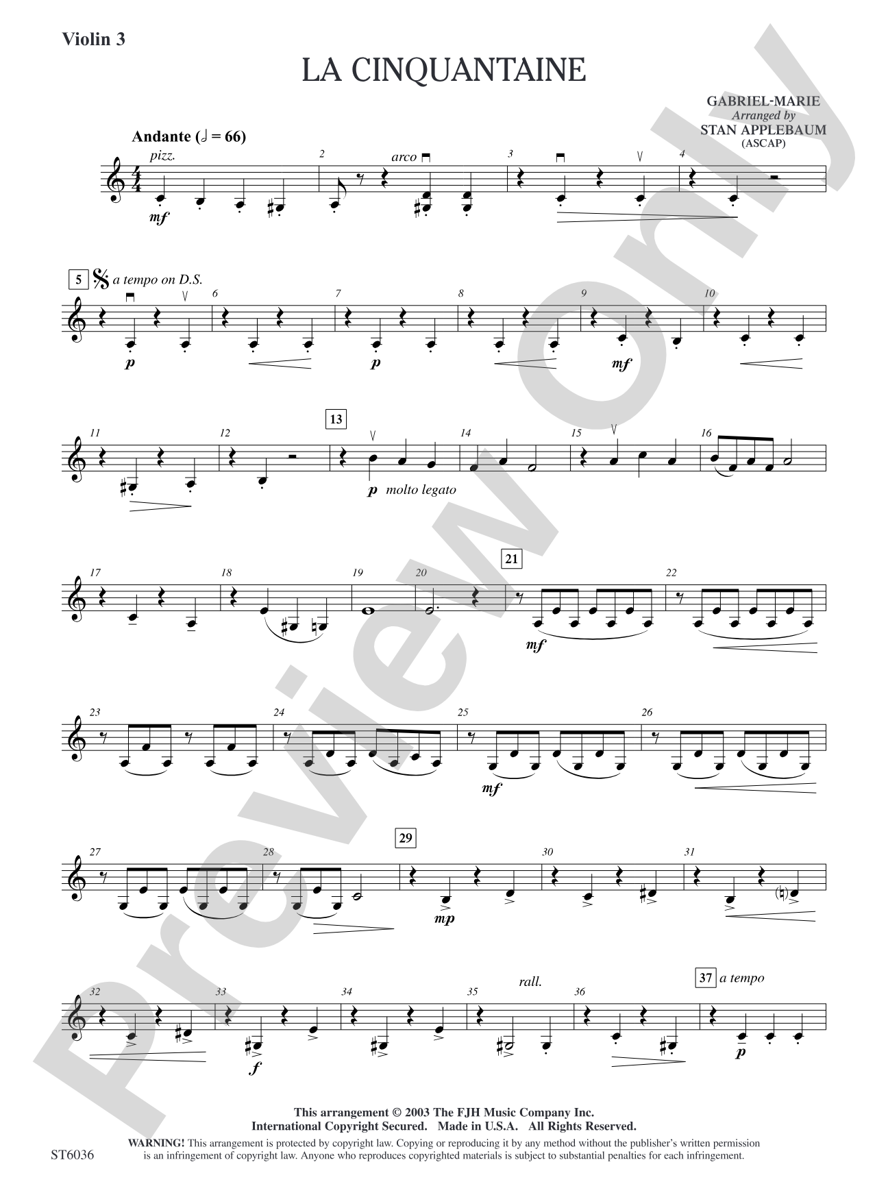 La Cinquantaine: Optional Violin 3 (Viola)