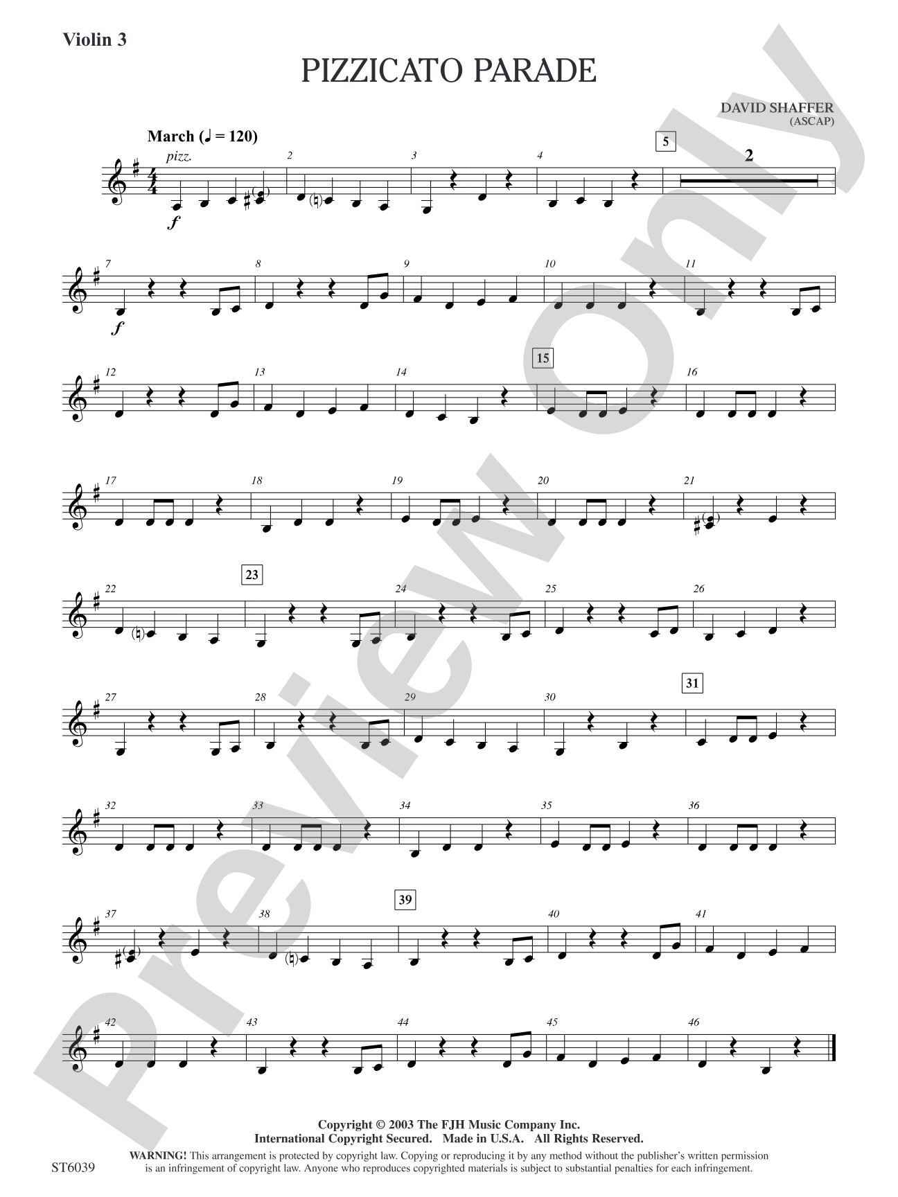 Pizzicato Parade: Optional Violin 3