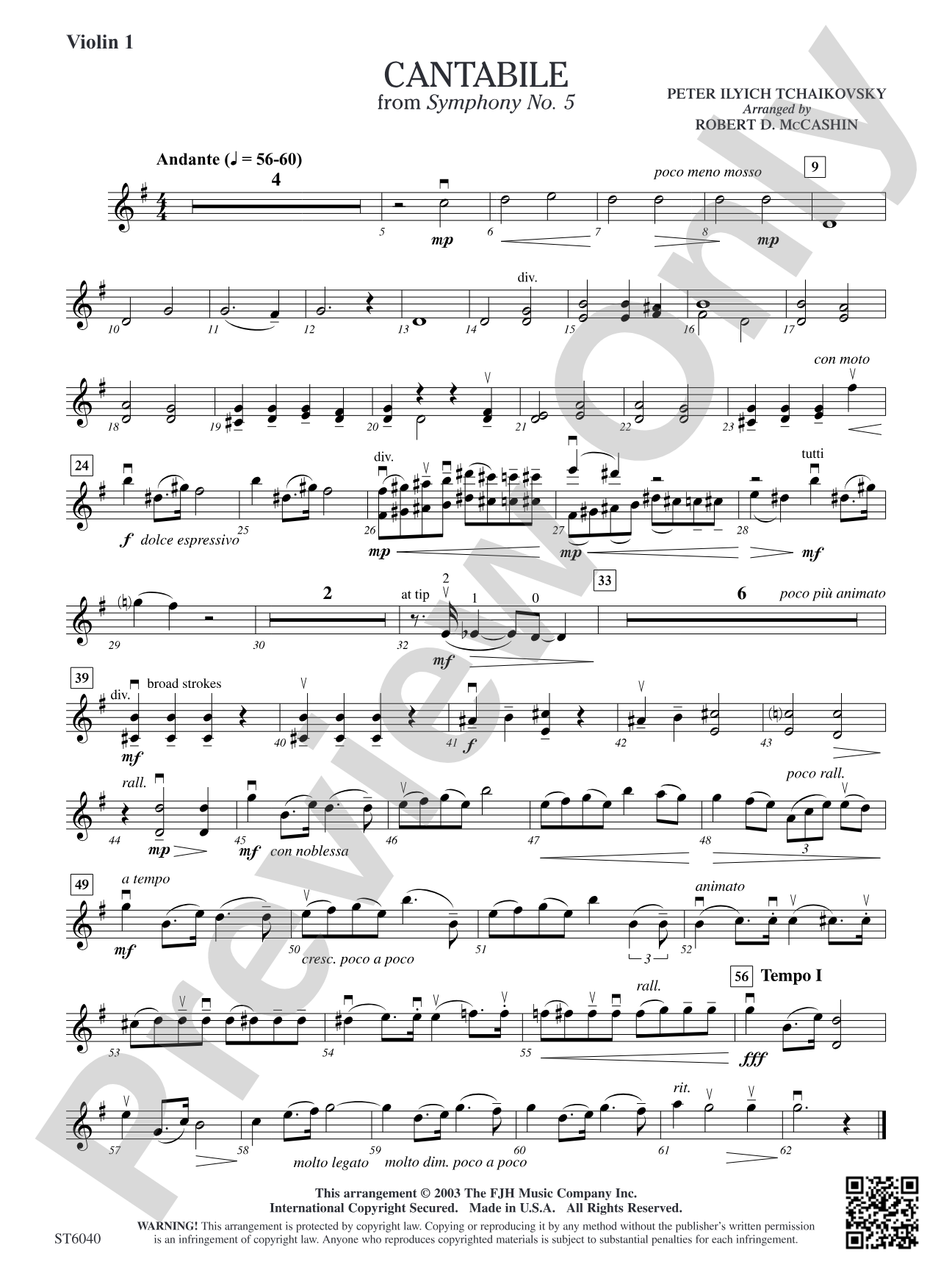 Cantabile (from Tchaikovsky's Symphony No. 5): Violin 1