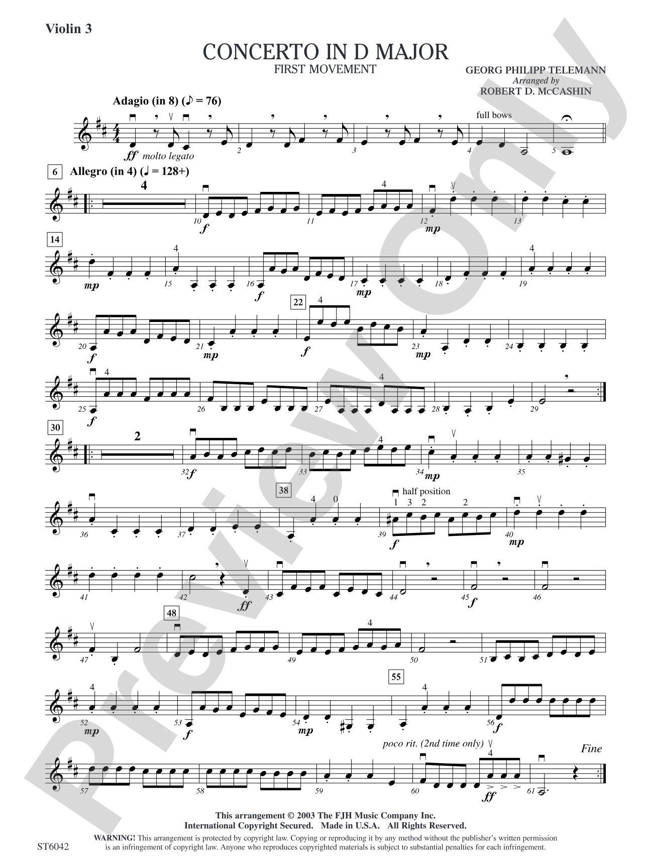 Concerto in D Major (First Movement): Optional Violin 3 (Viola)