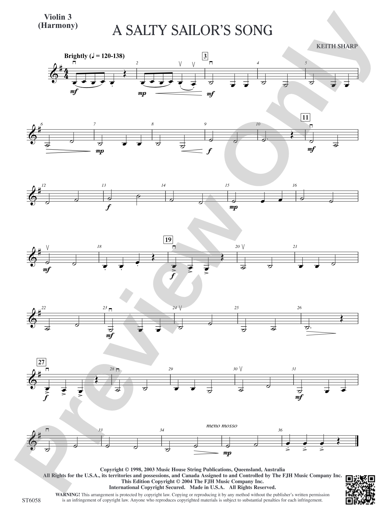 A Salty Sailor's Song: Optional Violin 3 (Viola Harmony)