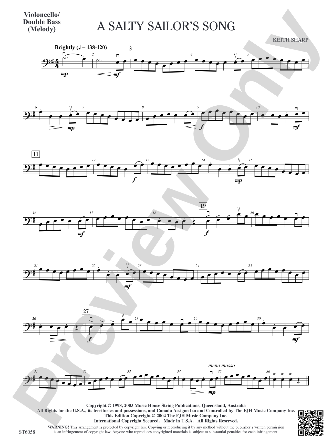 A Salty Sailor's Song: Violoncello/Double Bass (Melody)