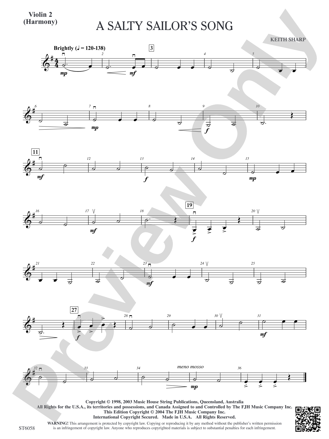 A Salty Sailor's Song: Violin 2 (Harmony)