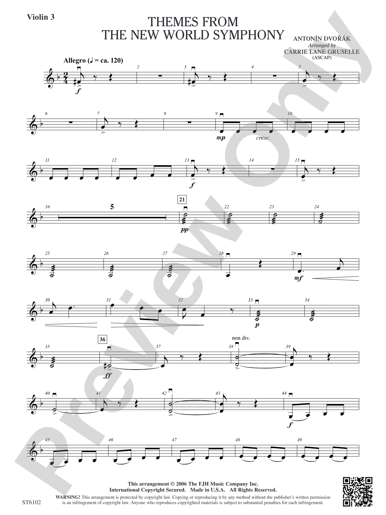 Themes from the New World Symphony: Violin 3 (Viola T.C.)