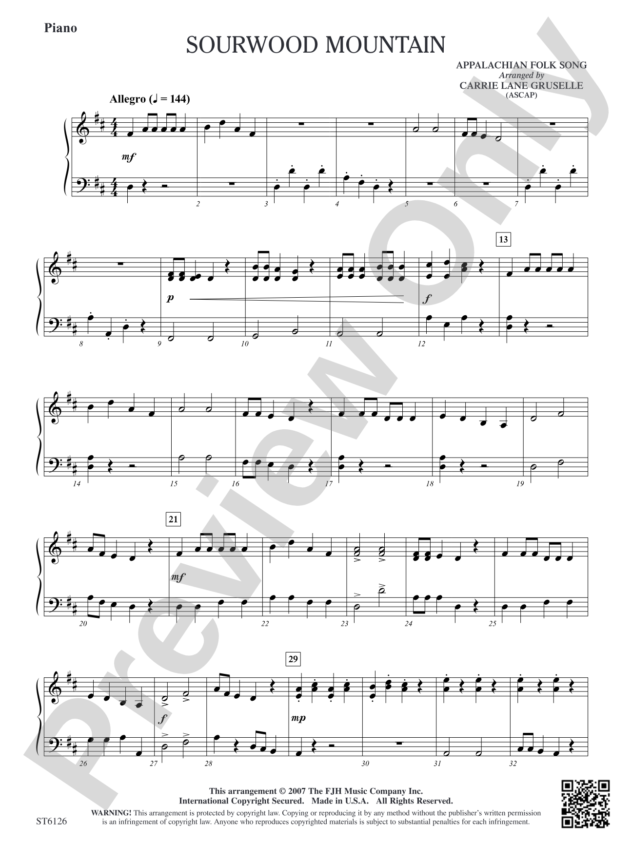 Sourwood Mountain: Piano