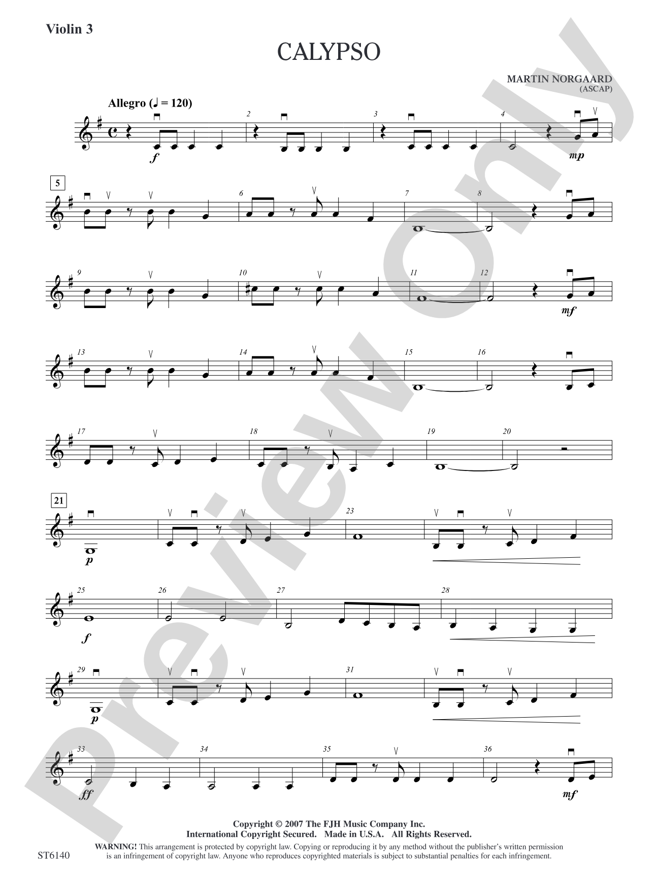 Calypso: Violin 3 (Viola T.C.)/Violin Solo Sheet