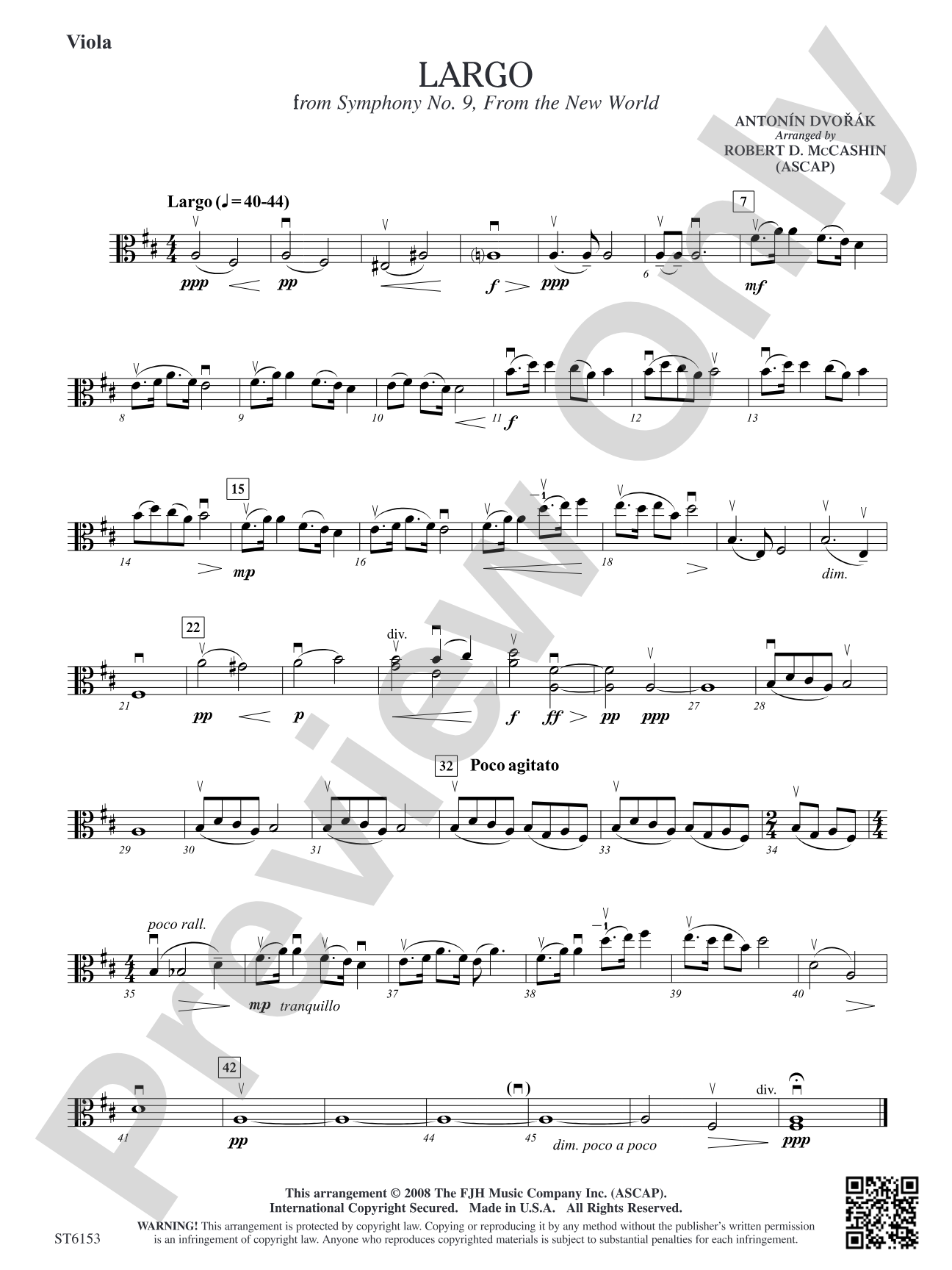 Largo (from Symphony No. 9, "From the New World"): Viola