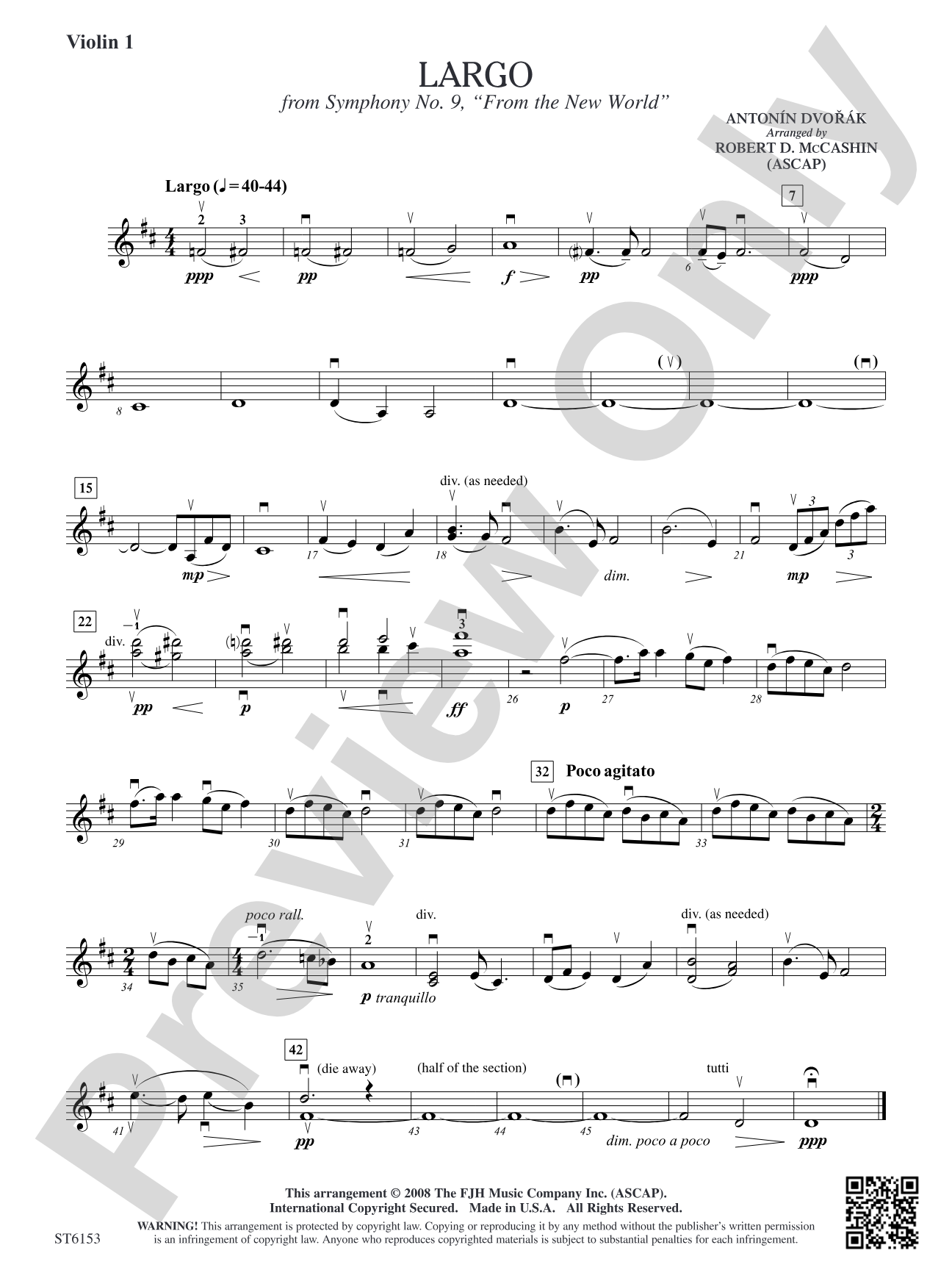 Largo (from Symphony No. 9, "From the New World"): Violin 1