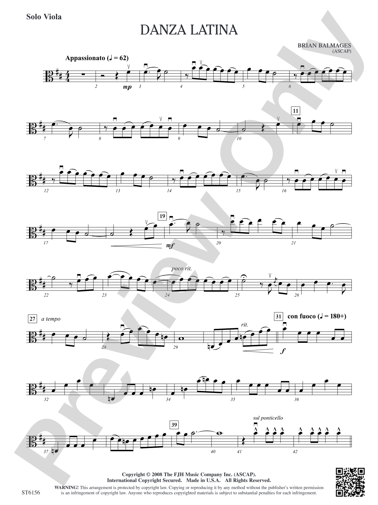 Danza Latina (for Solo Viola or Violin and Orchestra): Solo Viola (Grade 2.5)