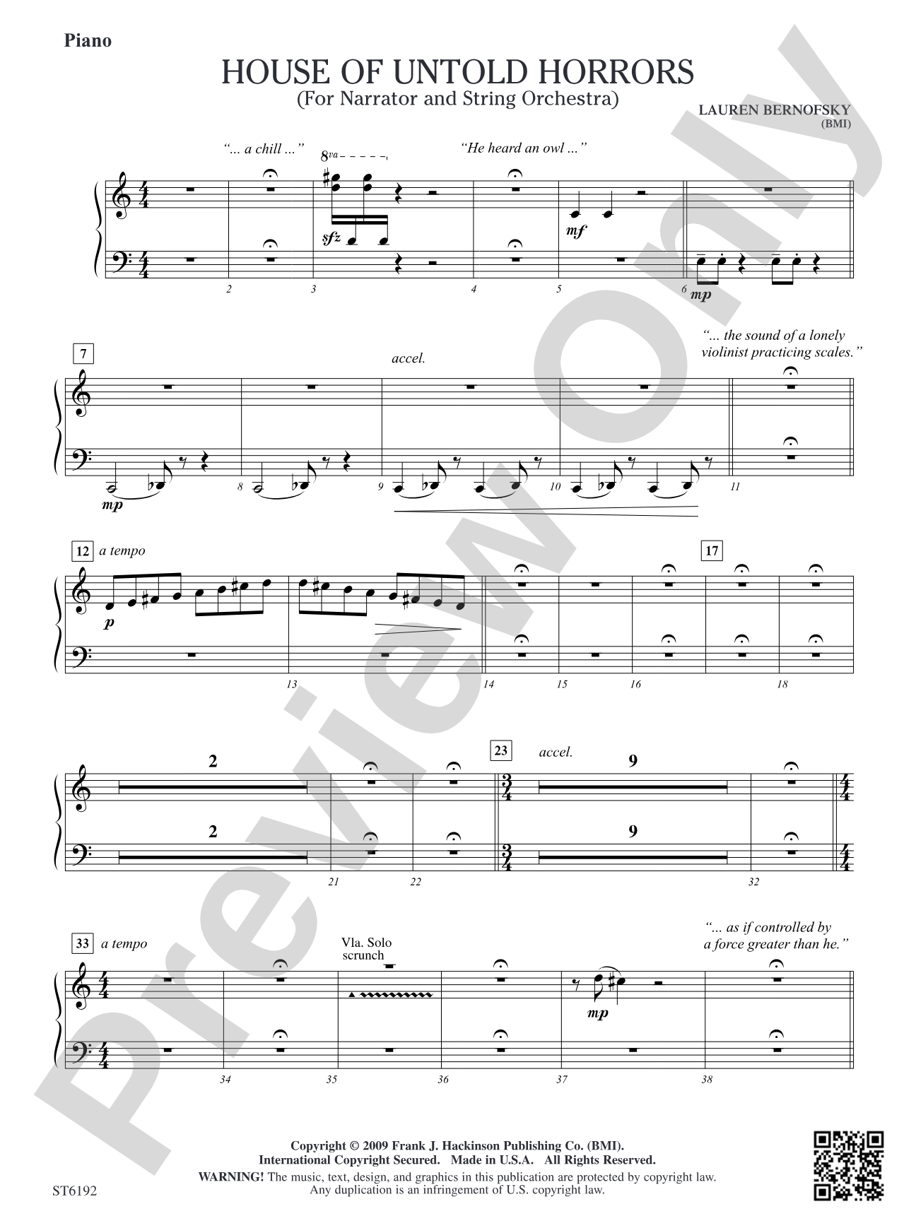House of Untold Horrors (for Narration and String Orchestra): Rehearsal Piano