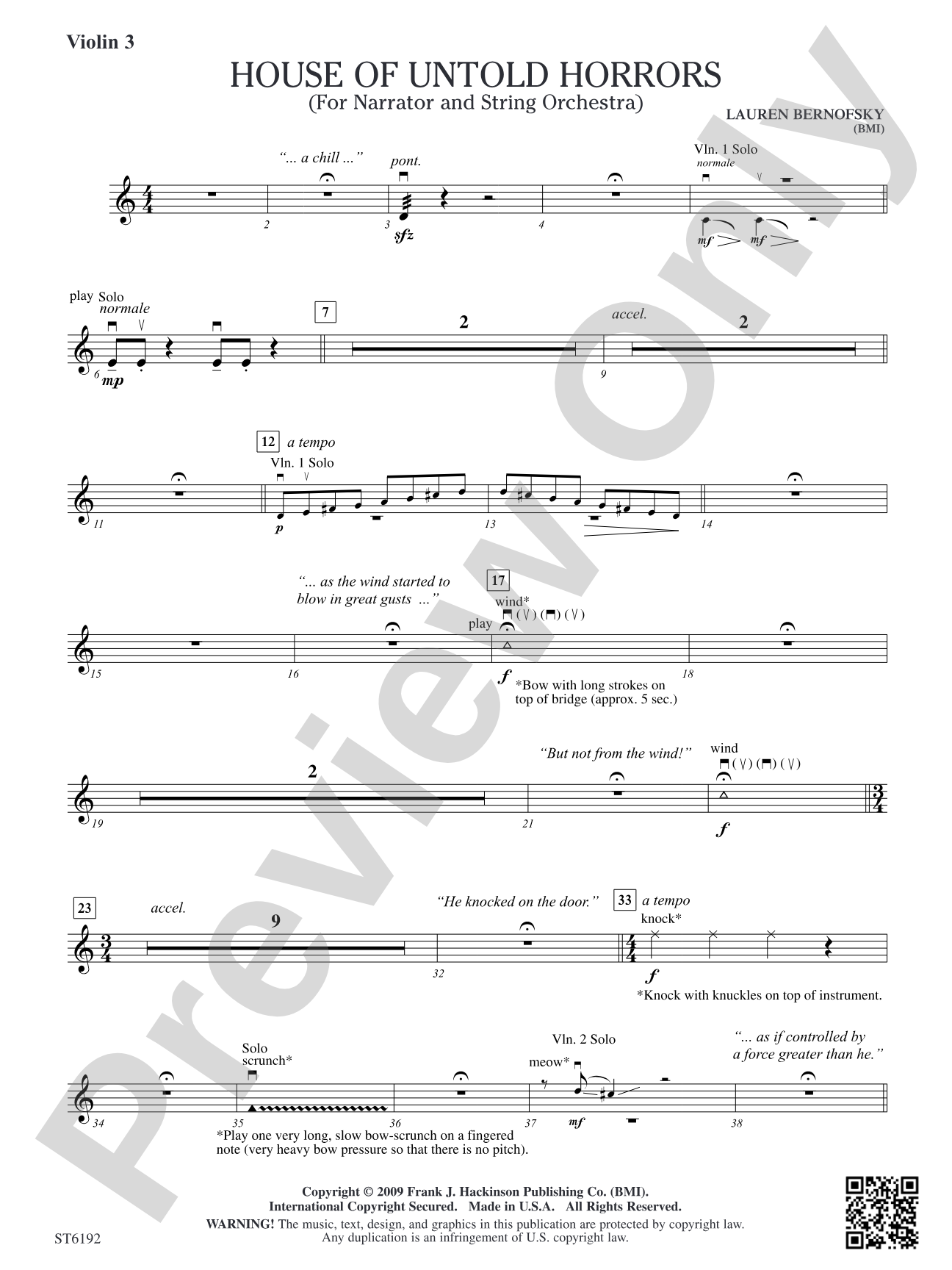 House of Untold Horrors (for Narration and String Orchestra): Violin 3 (Viola T.C.)