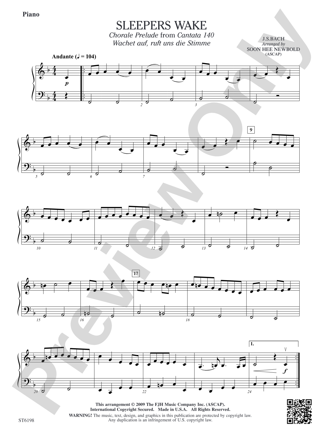Sleepers Wake (Chorale Prelude from Cantata 140) (Wachet auf, ruft uns die Stimme): Piano