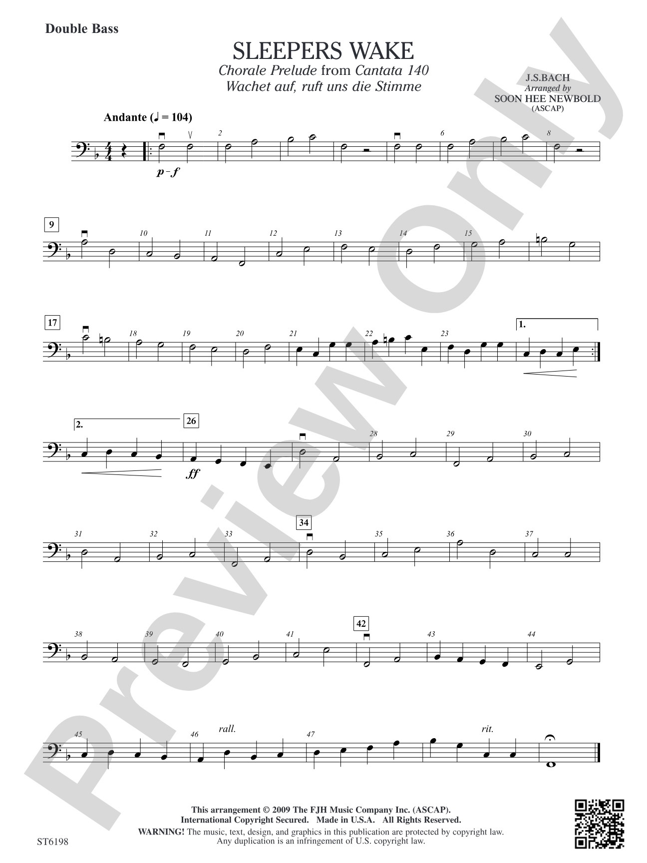 Sleepers Wake (Chorale Prelude from Cantata 140) (Wachet auf, ruft uns die Stimme): Double Bass