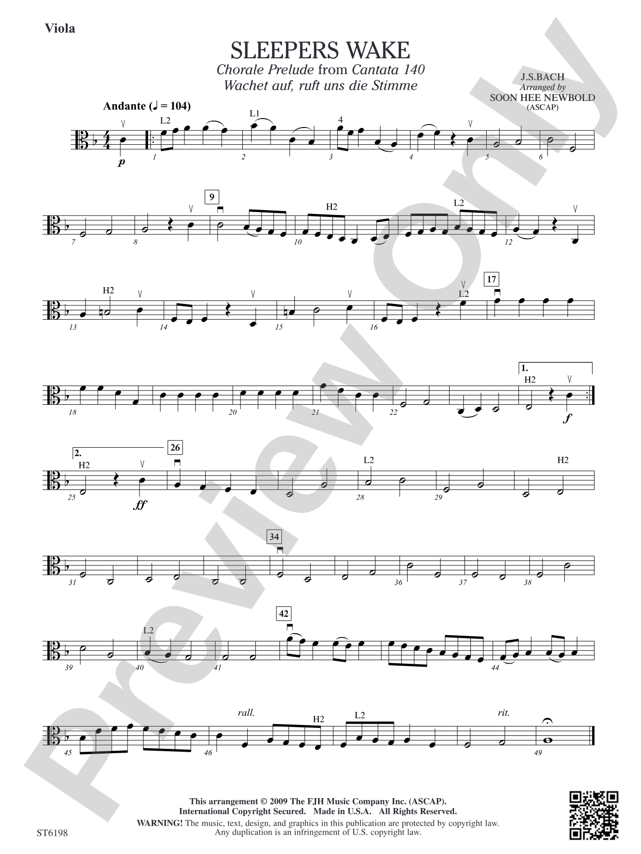 Sleepers Wake (Chorale Prelude from Cantata 140) (Wachet auf, ruft uns die Stimme): Viola