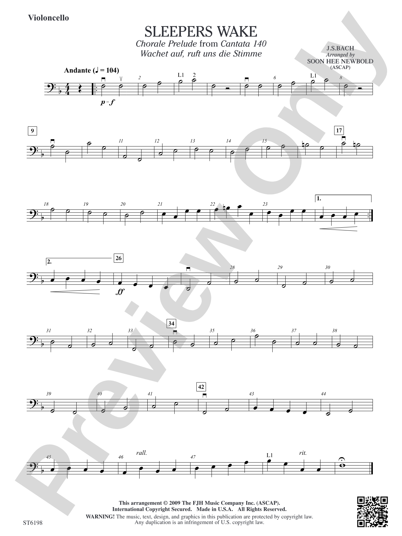 Sleepers Wake (Chorale Prelude from Cantata 140) (Wachet auf, ruft uns die Stimme): Violoncello