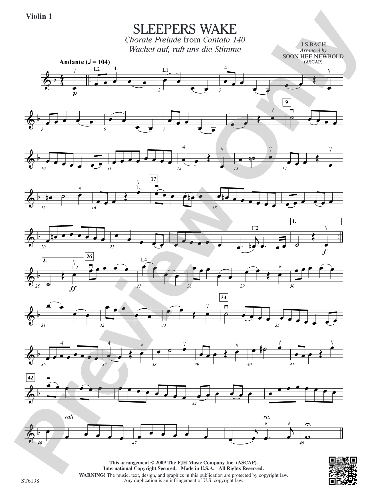 Sleepers Wake (Chorale Prelude from Cantata 140) (Wachet auf, ruft uns die Stimme): Violin 1