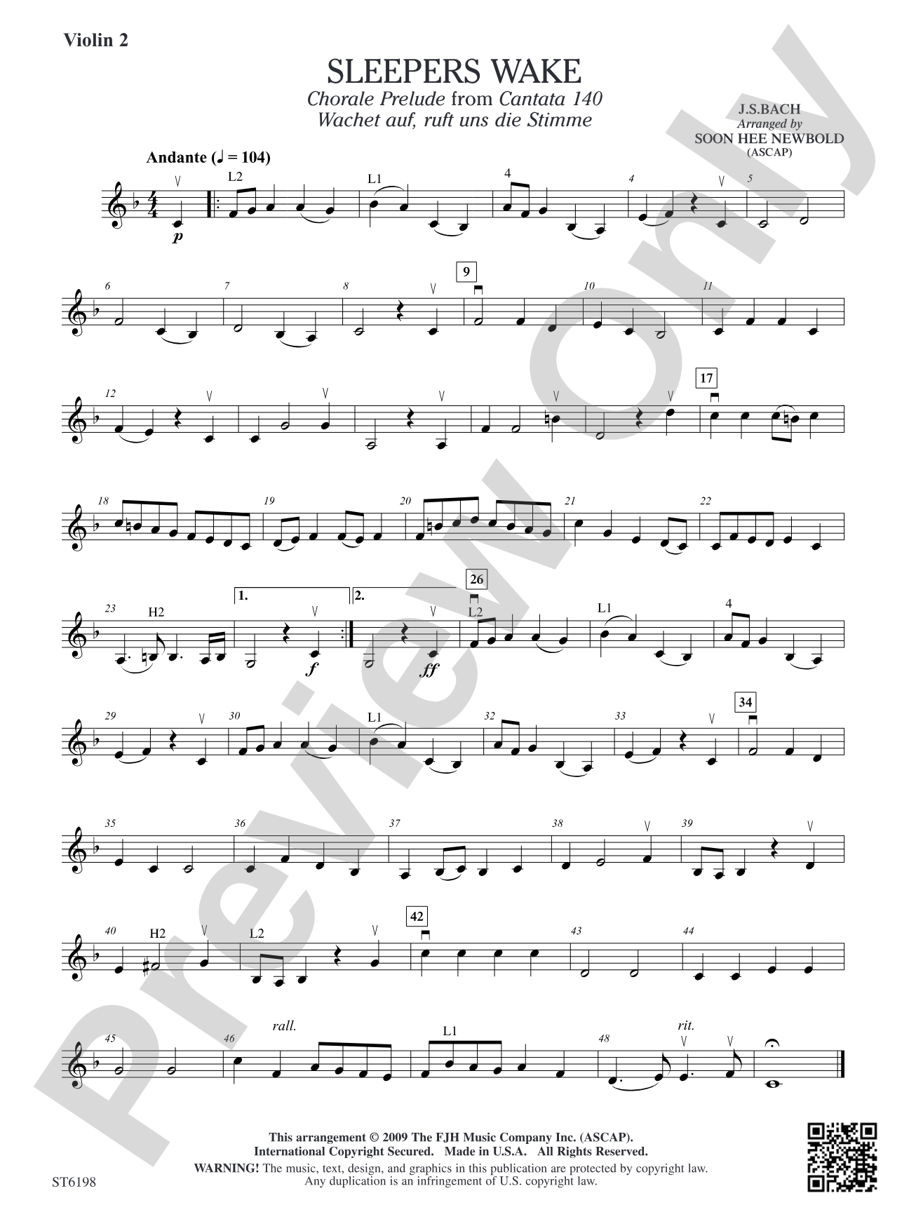 Sleepers Wake (Chorale Prelude from Cantata 140) (Wachet auf, ruft uns die Stimme): Violin 2