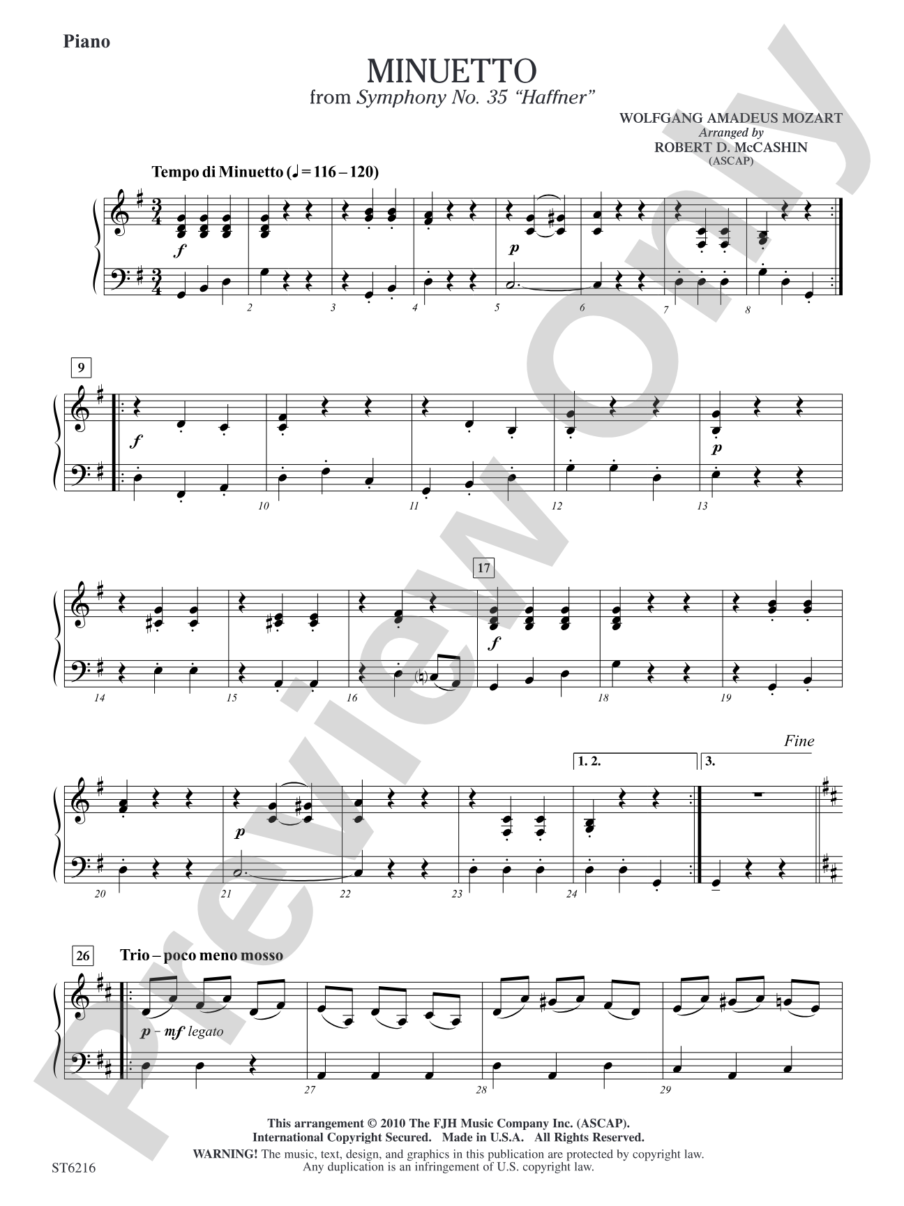 Minuetto from Symphony No. 35 "Haffner": Piano