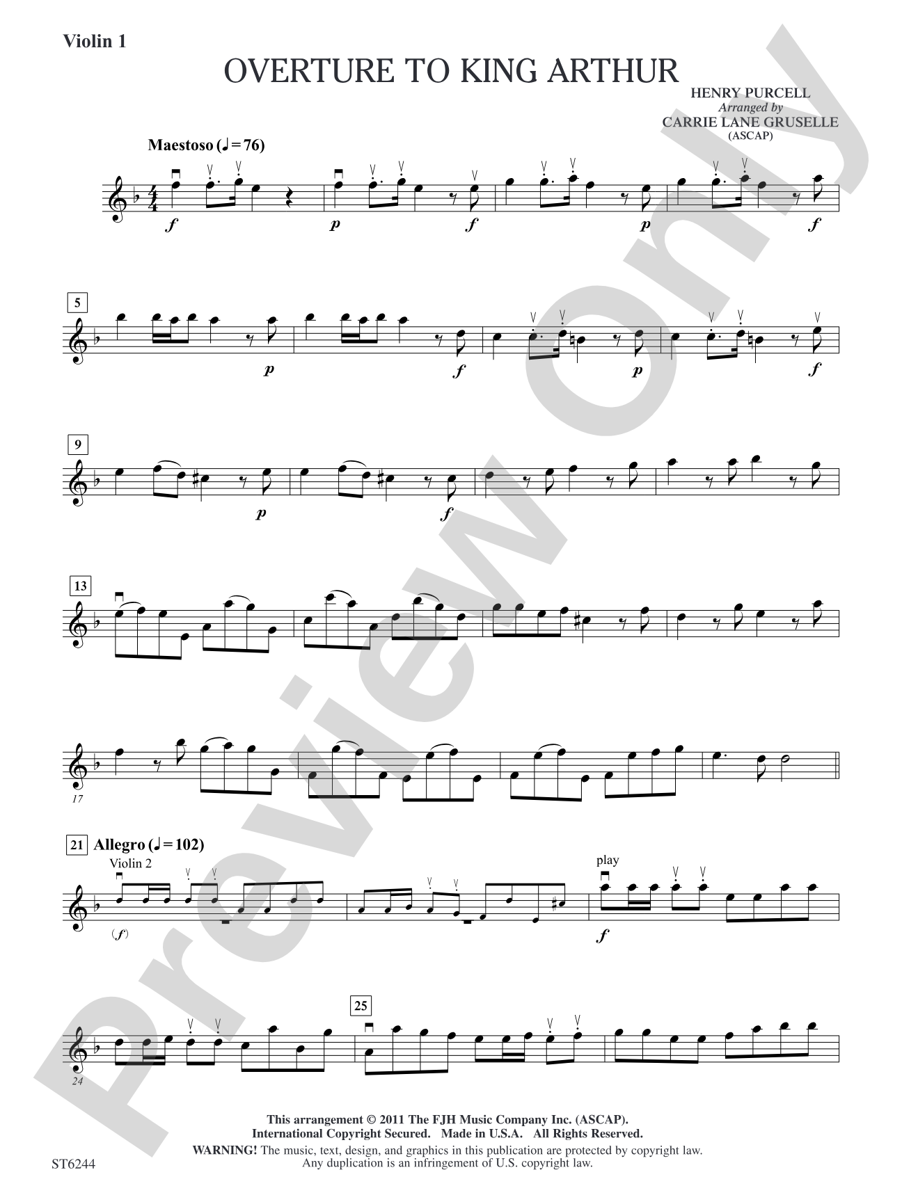 Overture to King Arthur: Violin 1