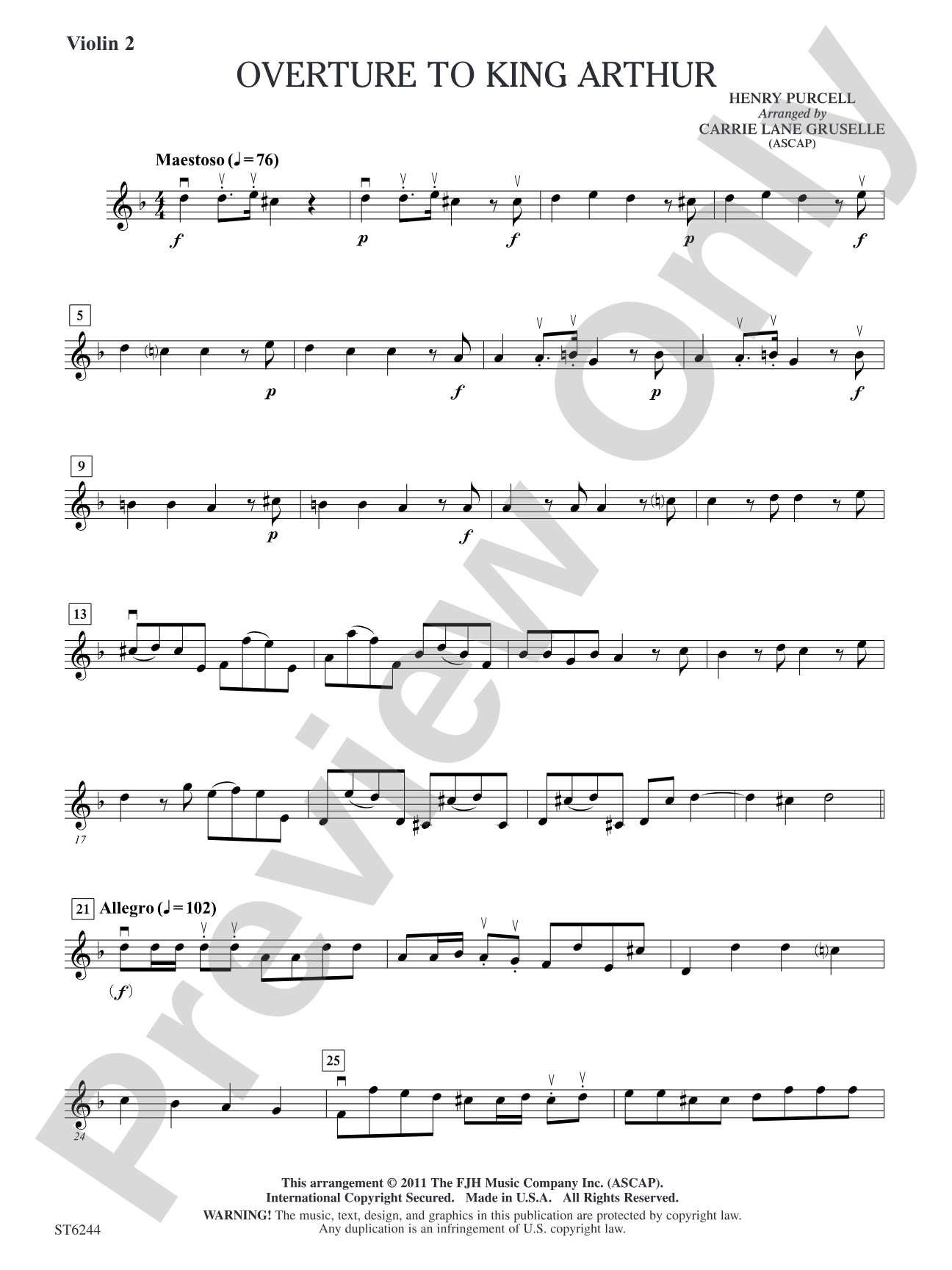 Overture to King Arthur: Violin 2