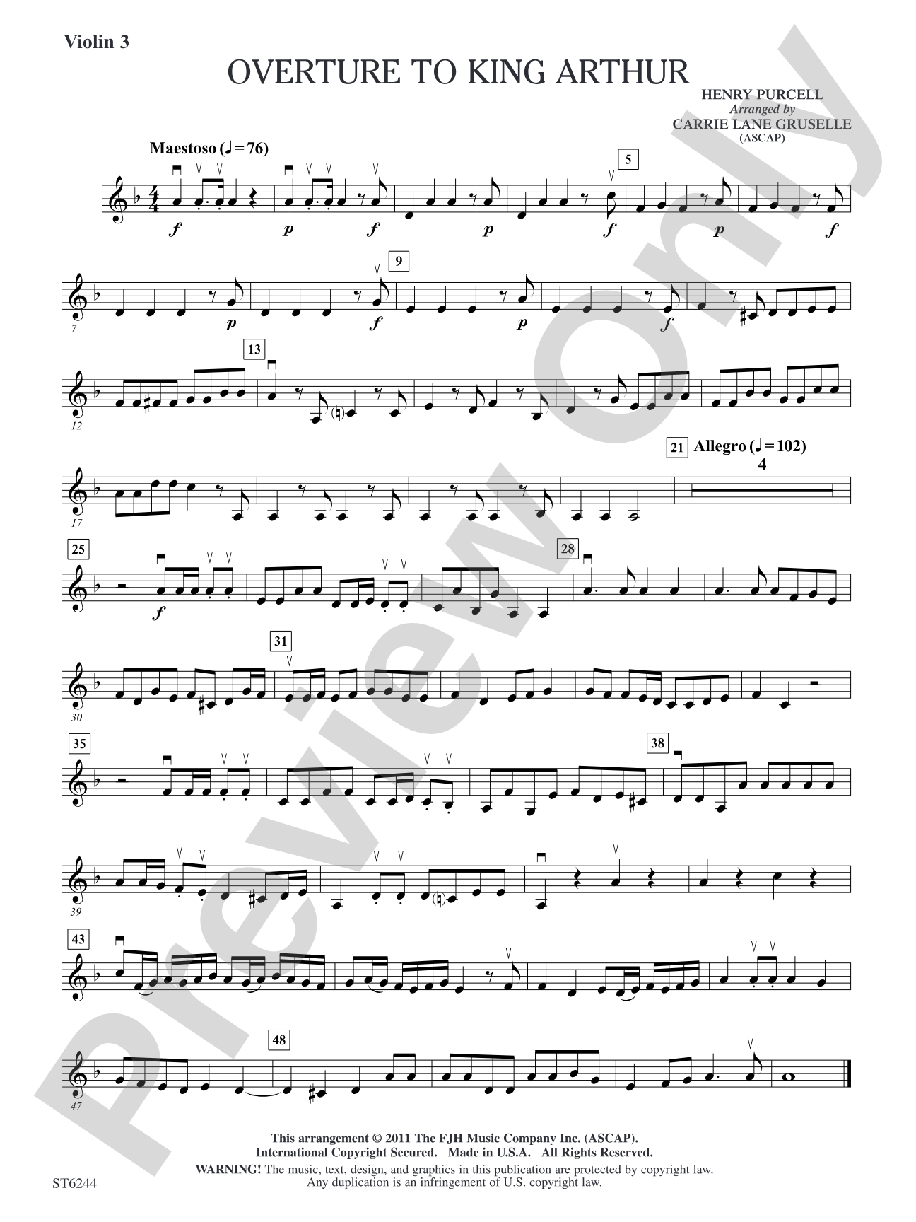 Overture to King Arthur: Violin 3 (Viola T.C.)