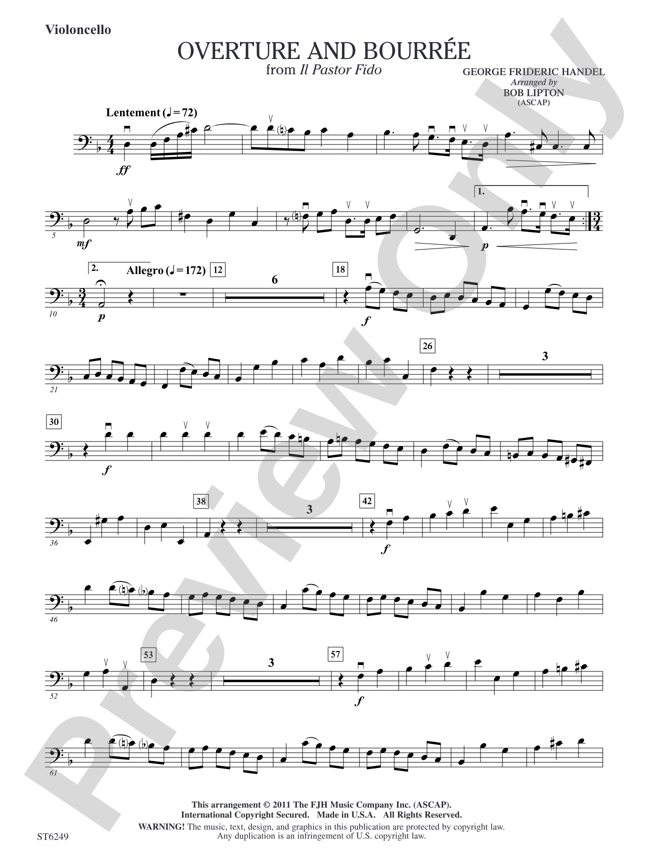 Overture and Bourree (from Il Pastor Fido): Violoncello
