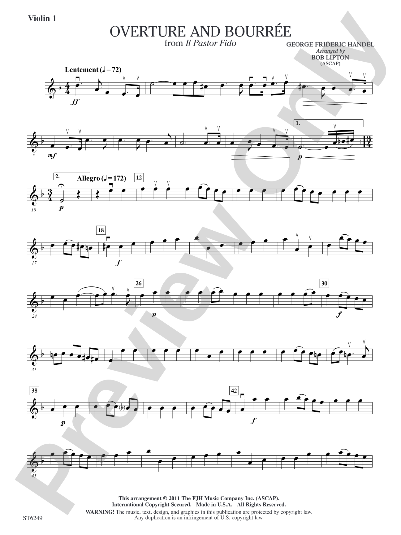 Overture and Bourree (from Il Pastor Fido): Violin 1