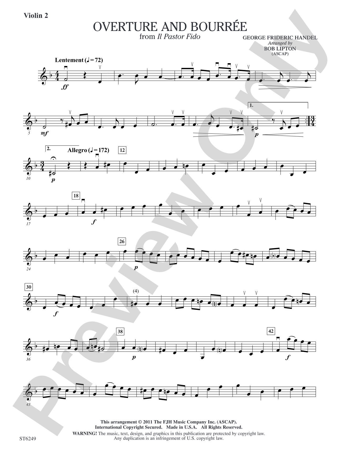 Overture and Bourree (from Il Pastor Fido): Violin 2
