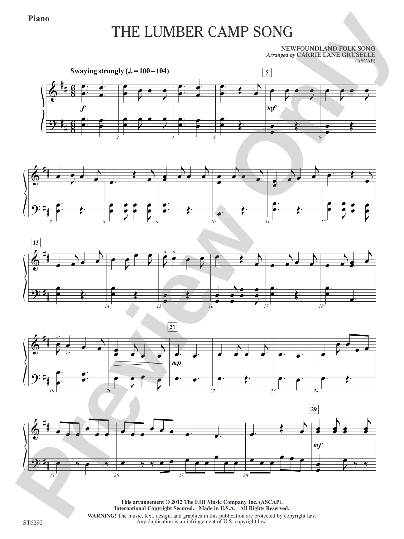 The Lumber Camp Song: Piano