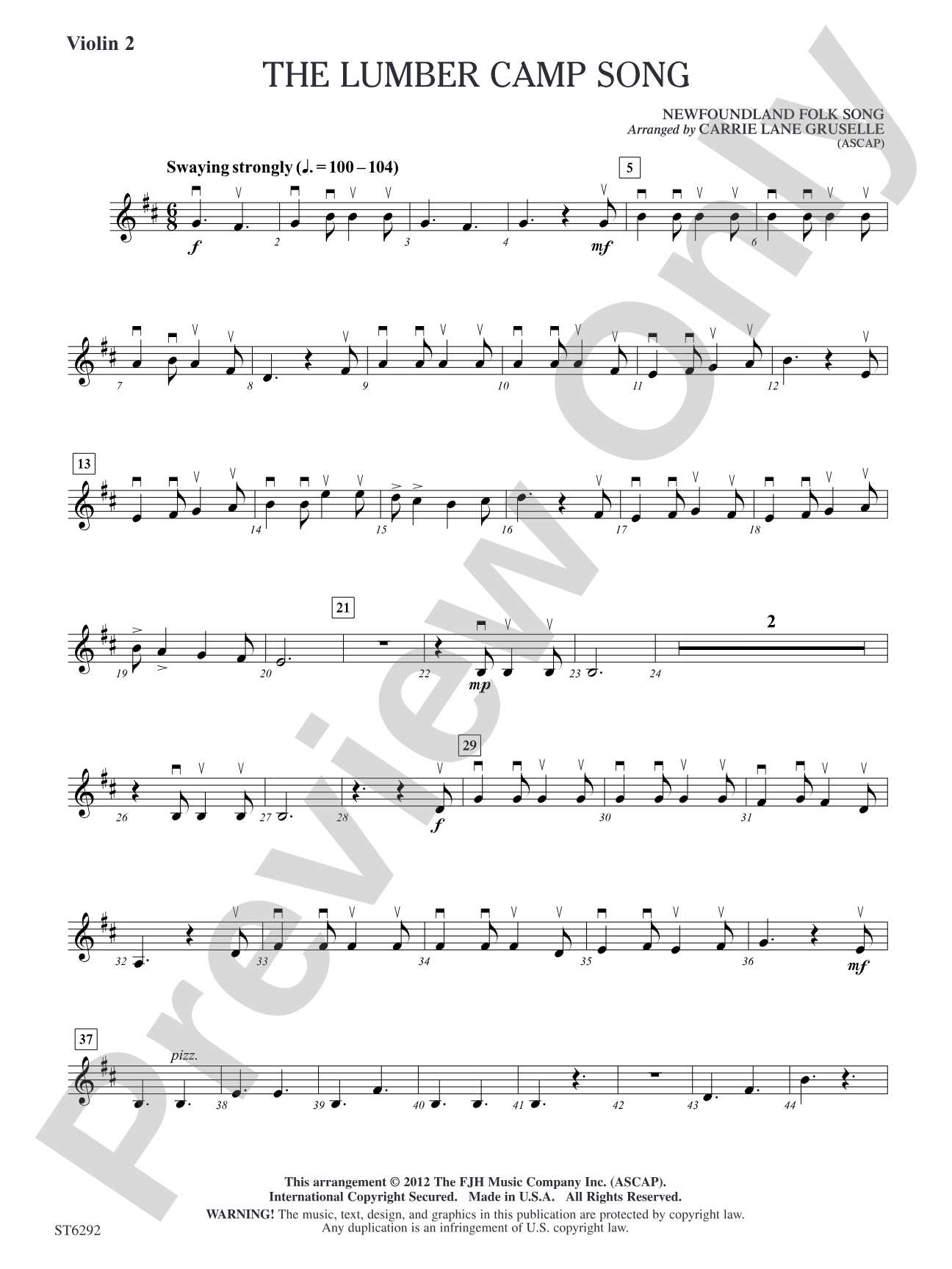 The Lumber Camp Song: Violin 2