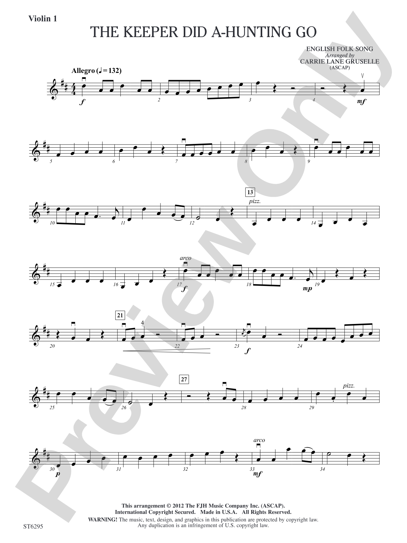 The Keeper Did A-Hunting Go: Violin 1