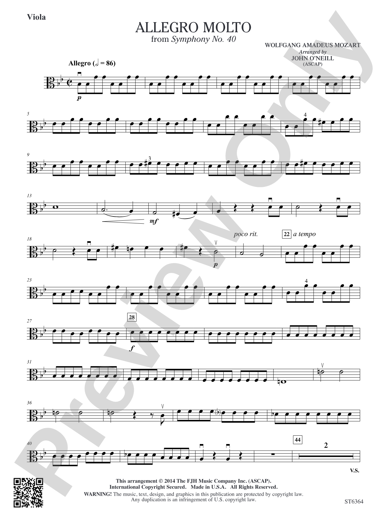 Allegro molto from Symphony No. 40: Viola