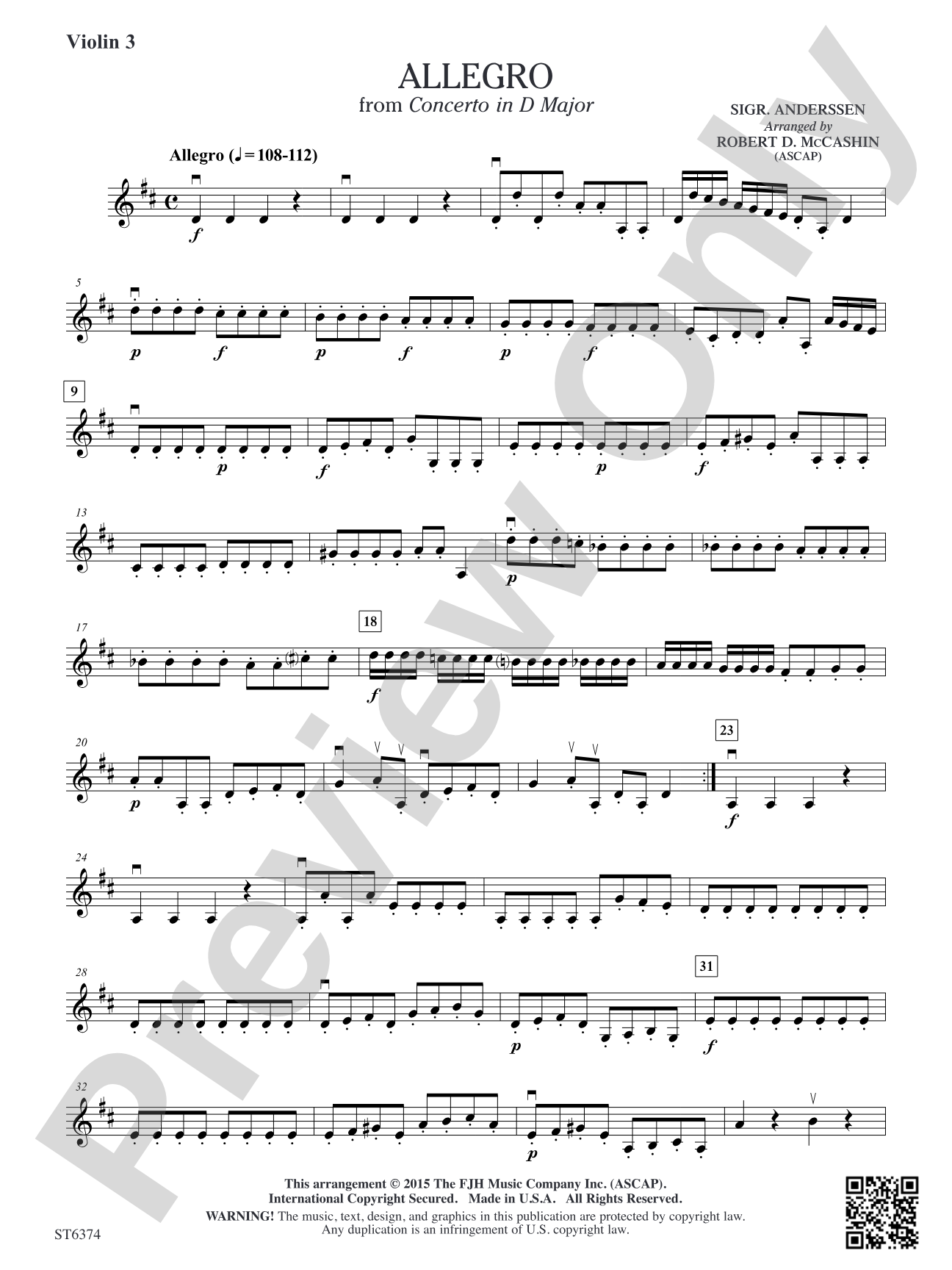 Allegro from Concerto in D Major: Violin 3 (Viola T.C.)