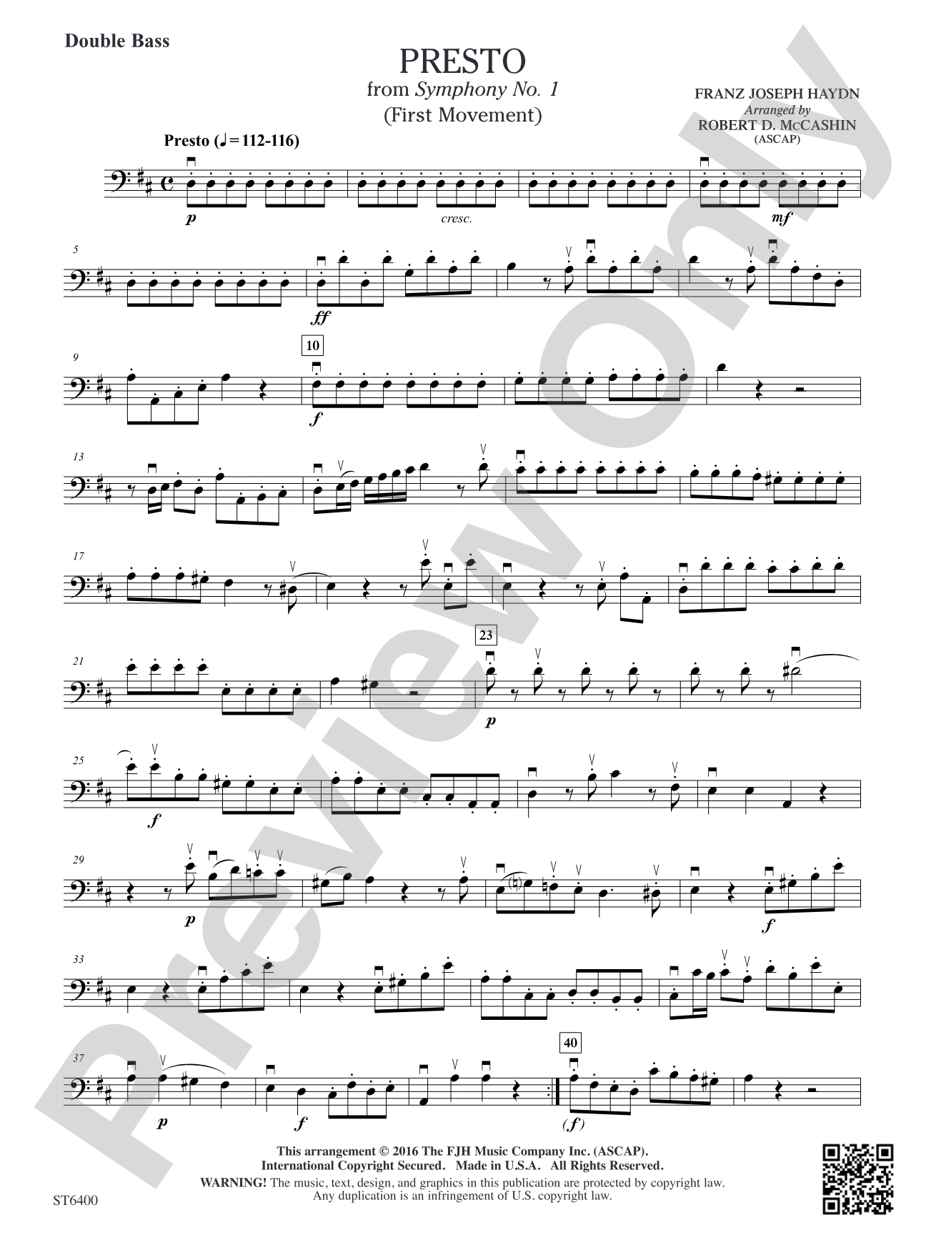 Presto from Symphony No. 1 (First Movement): Double Bass