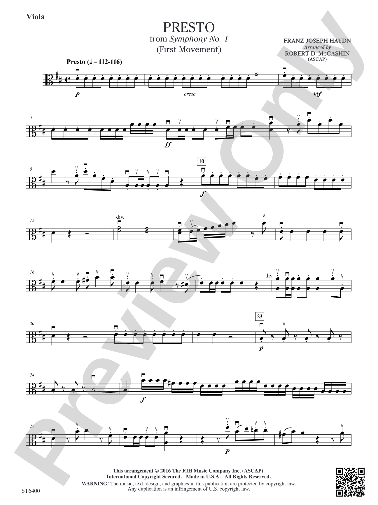 Presto from Symphony No. 1 (First Movement): Viola