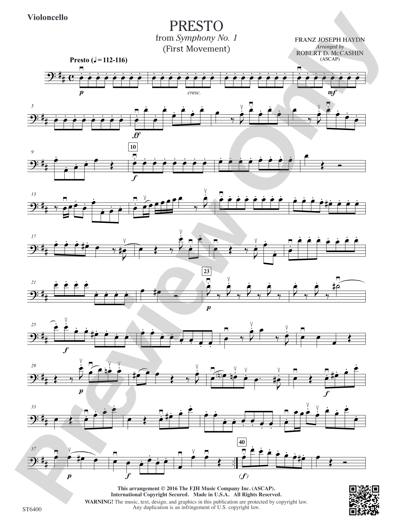 Presto from Symphony No. 1 (First Movement): Violoncello