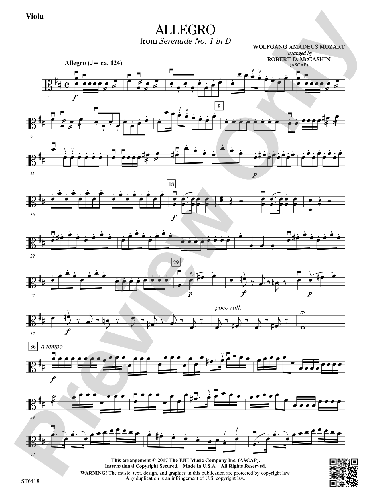 Allegro from Serenade No 1 in D: Viola