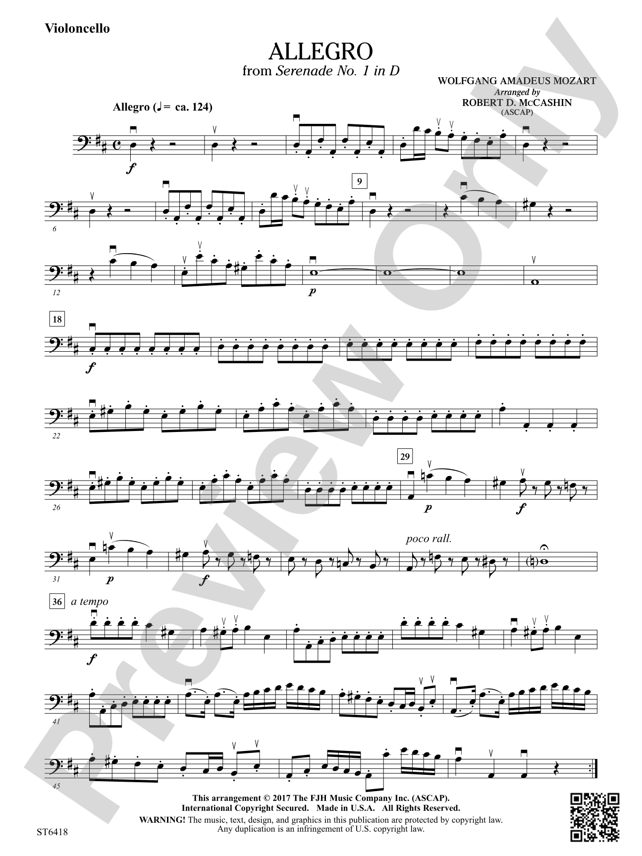Allegro from Serenade No 1 in D: Violoncello